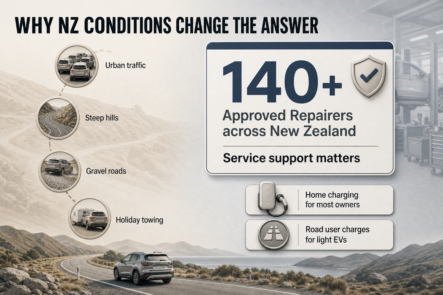 NZ factors that affect transmission choice Editorial info-card with NZ road condition icons, EV cost notes, and a repairer support badge showing 140 plus locations