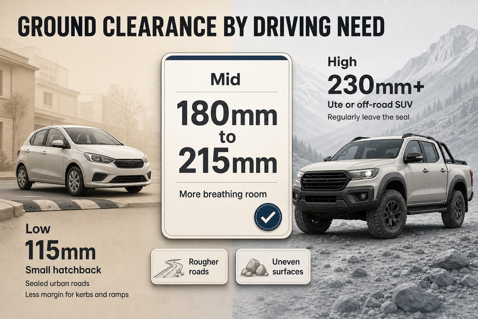Ground Clearance by Driving Need Three-column infographic with vehicle clearance bands in millimetres, each paired with road-type labels and simple car icons.