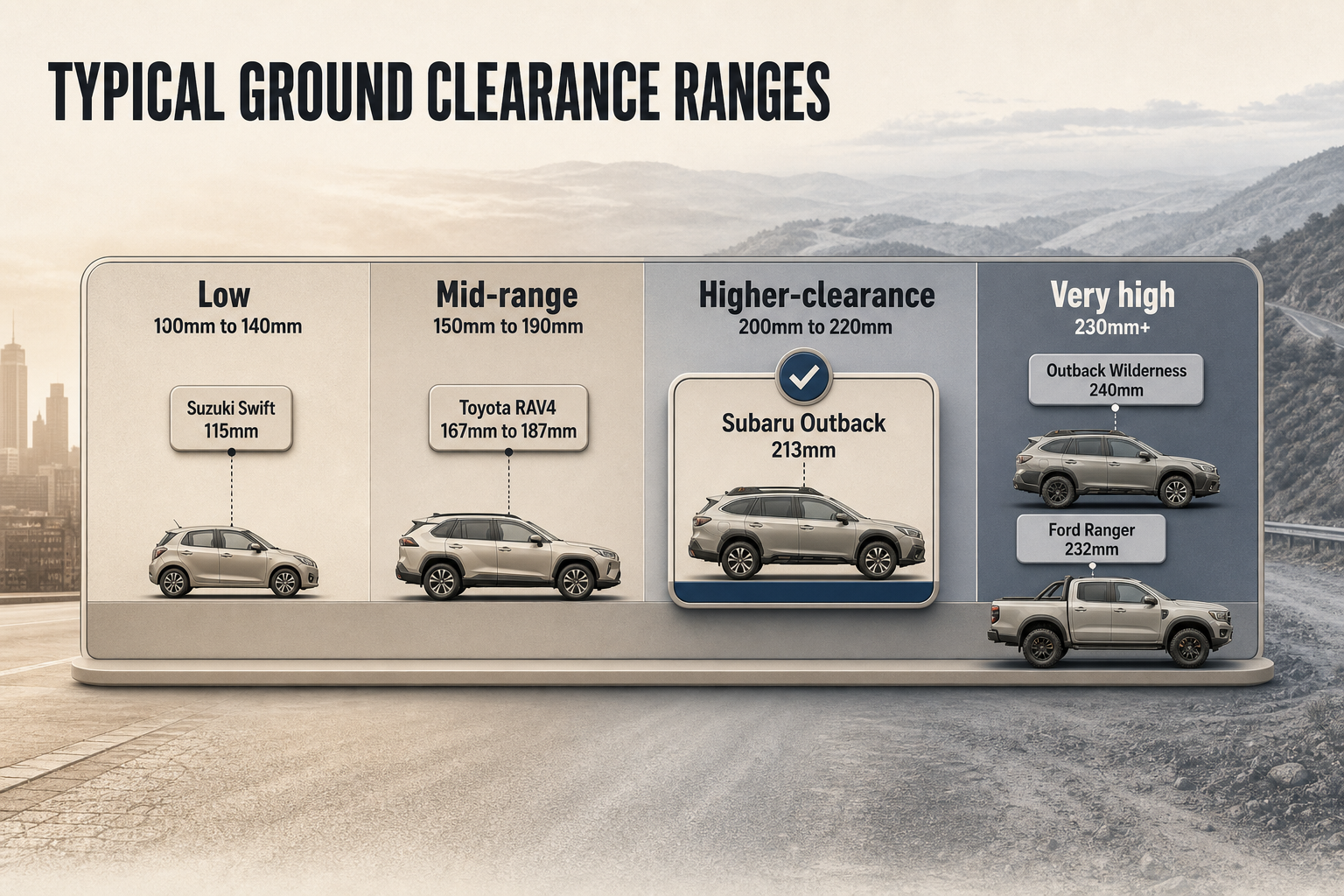 Typical Ground Clearance Ranges Horizontal range chart showing four ground-clearance bands with labelled example vehicles from 115mm to 240mm.