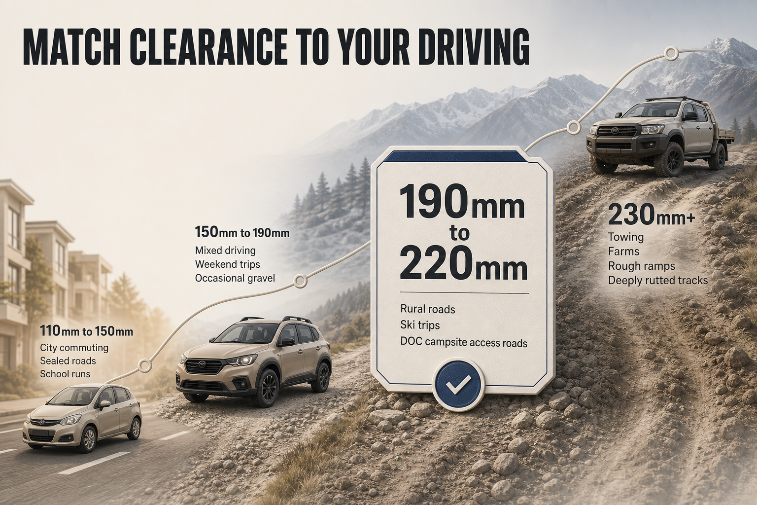 Match Clearance to Your Driving Four-step flow infographic linking clearance ranges to driving scenarios, from city commuting to towing on rough tracks.