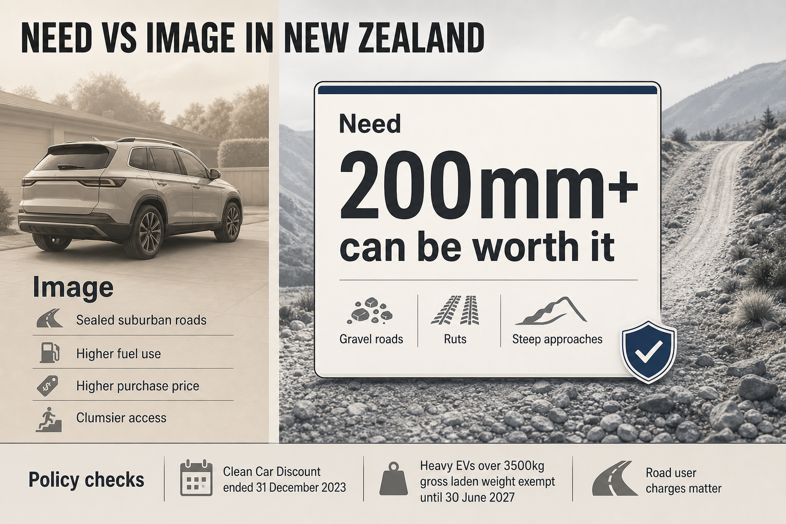 Need vs Image in NZ Split-view infographic contrasting real rough-road needs with image-driven SUV buying, plus a small policy notes panel.