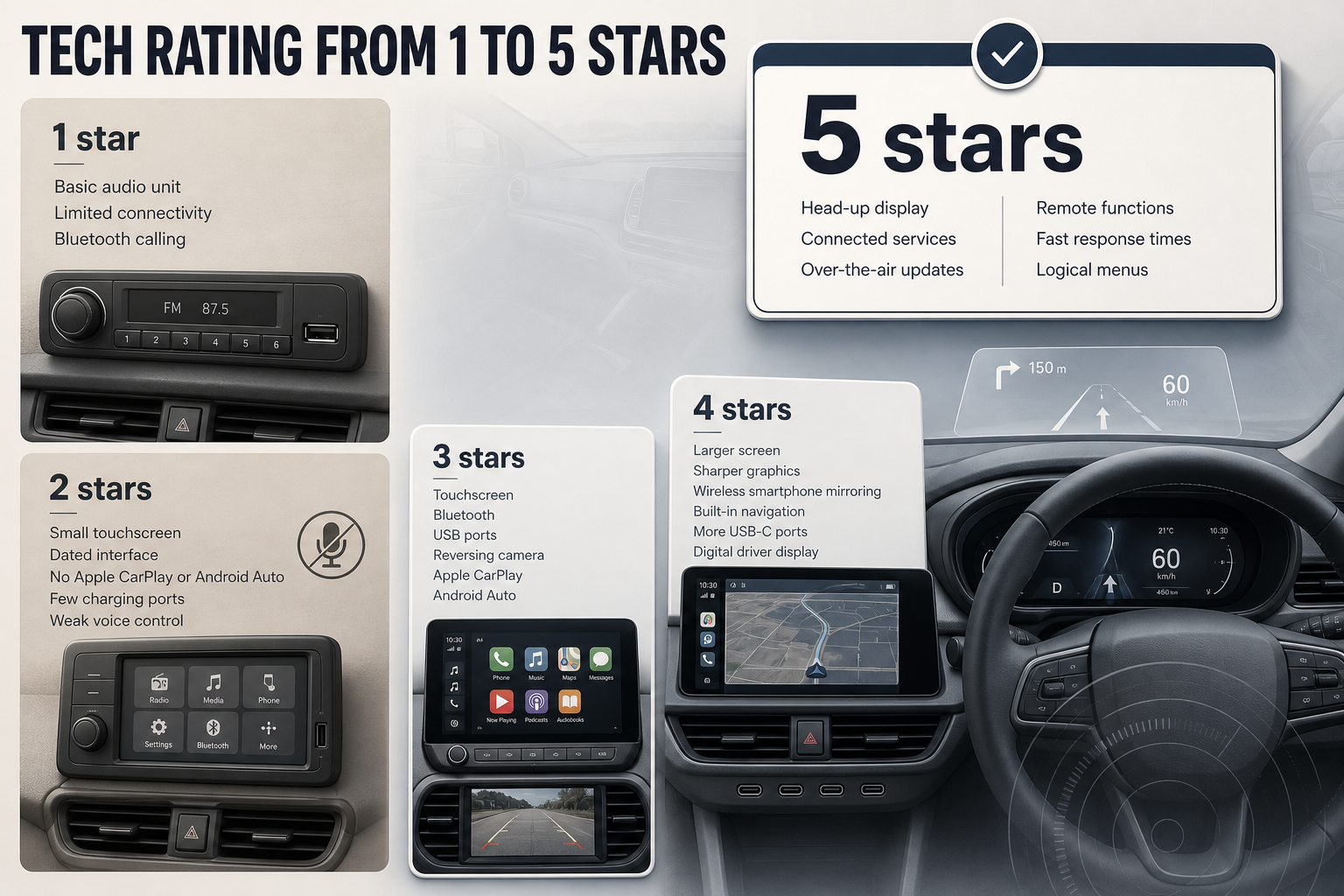 Tech Rating From 1 To 5 Five-column infographic showing 1-star to 5-star car tech levels with feature labels for screens, phone links, displays, and software updates.