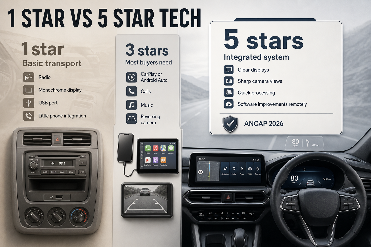 1 Star Vs 5 Star Asymmetric split-view graphic comparing 1-star basic cabin tech on the left and 5-star integrated displays and connected features on the right.