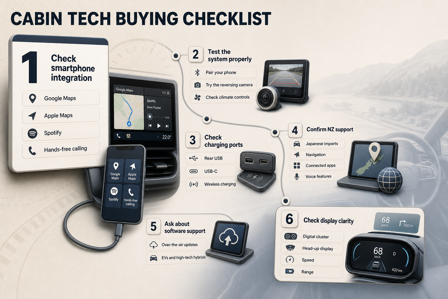 Cabin Tech Buying Checklist Six-step flowchart infographic with checklist panels for smartphone integration, system testing, ports, NZ support, software updates, and display clarity.