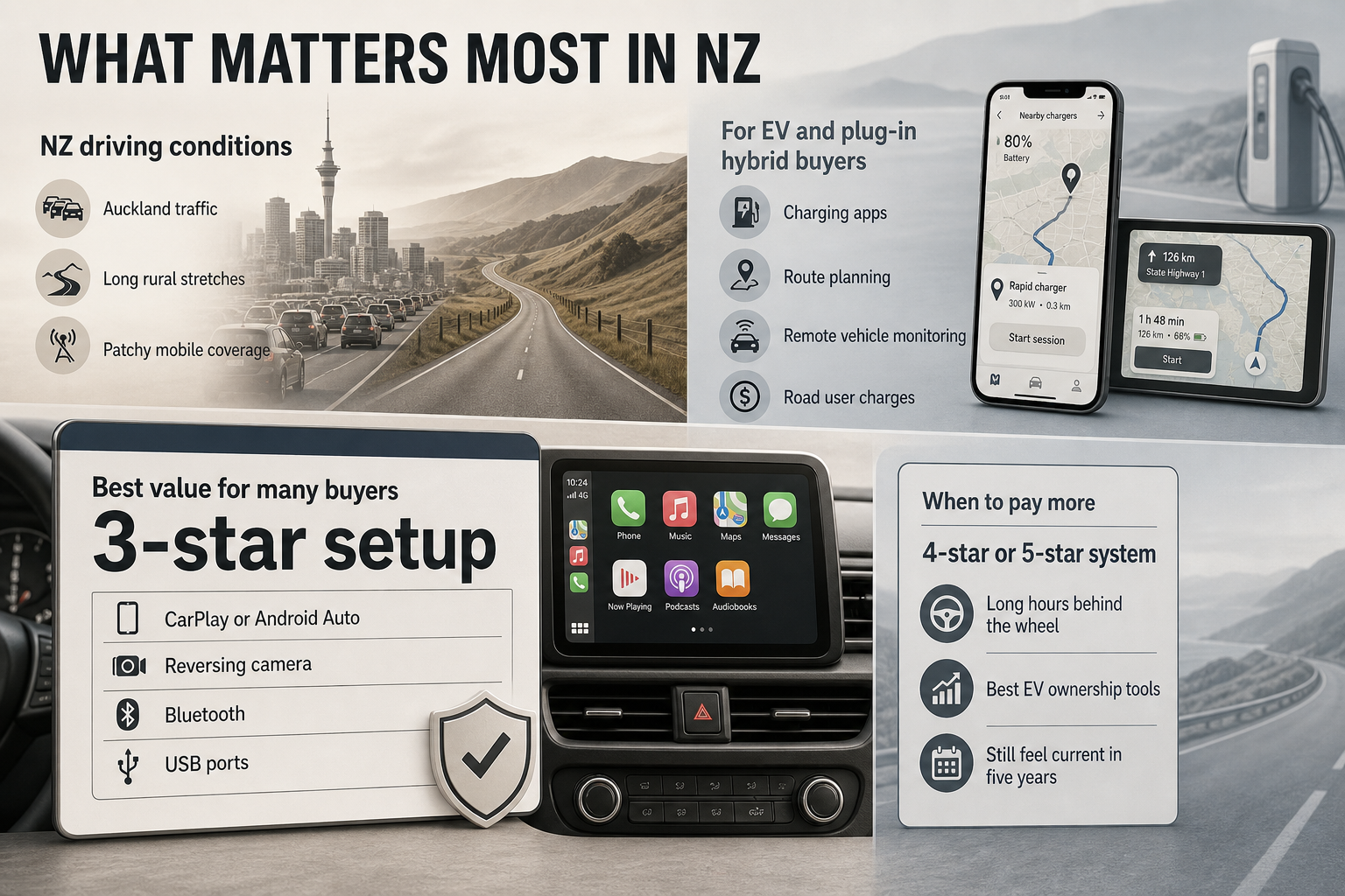 What Matters Most In NZ Editorial info-card layout with NZ-specific driving conditions, EV ownership needs, and value tiers for 3-star, 4-star, and 5-star car tech.