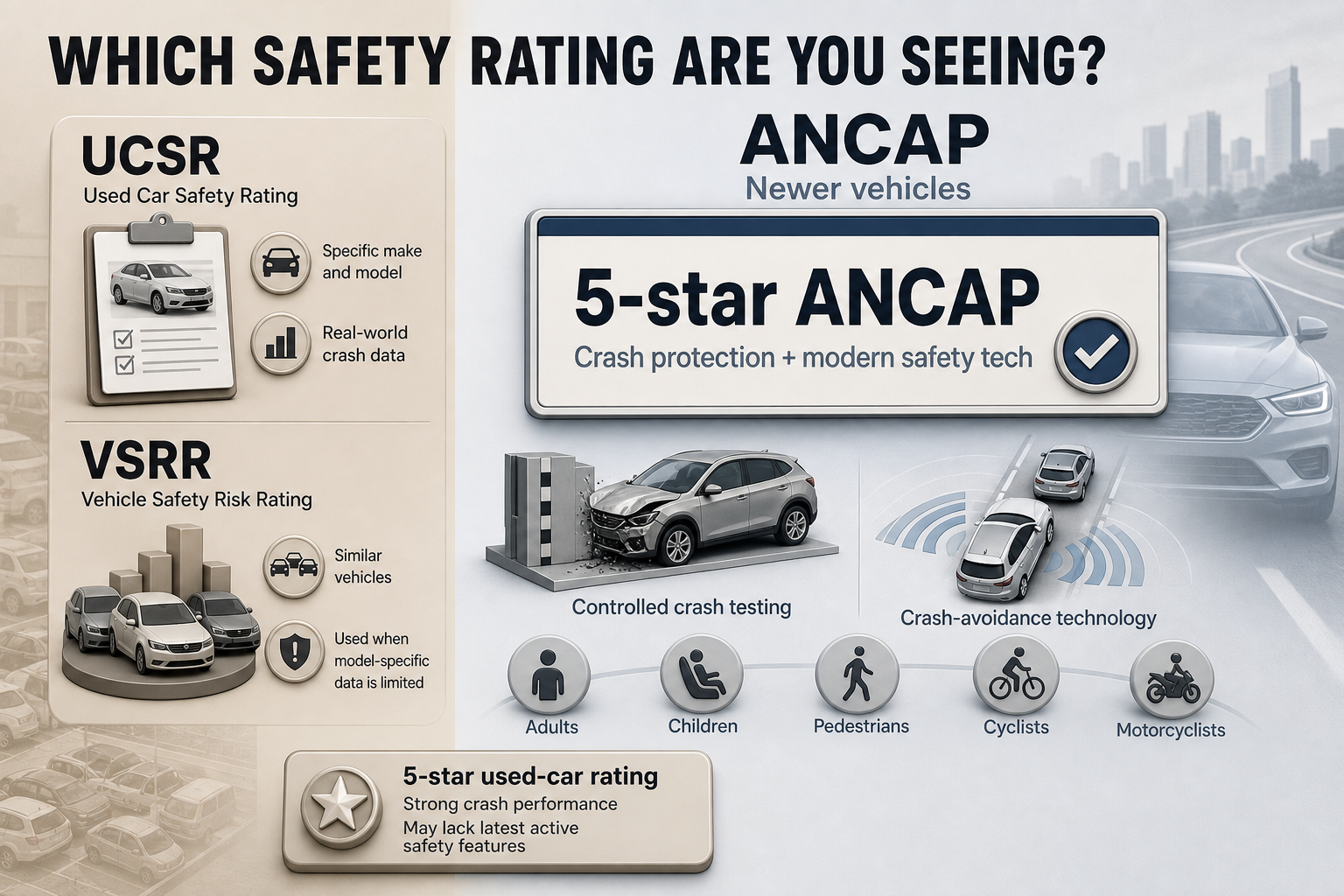 Two-column infographic comparing ANCAP, UCSR and VSRR with labelled panels, rating sources, vehicle age groups and feature callouts.