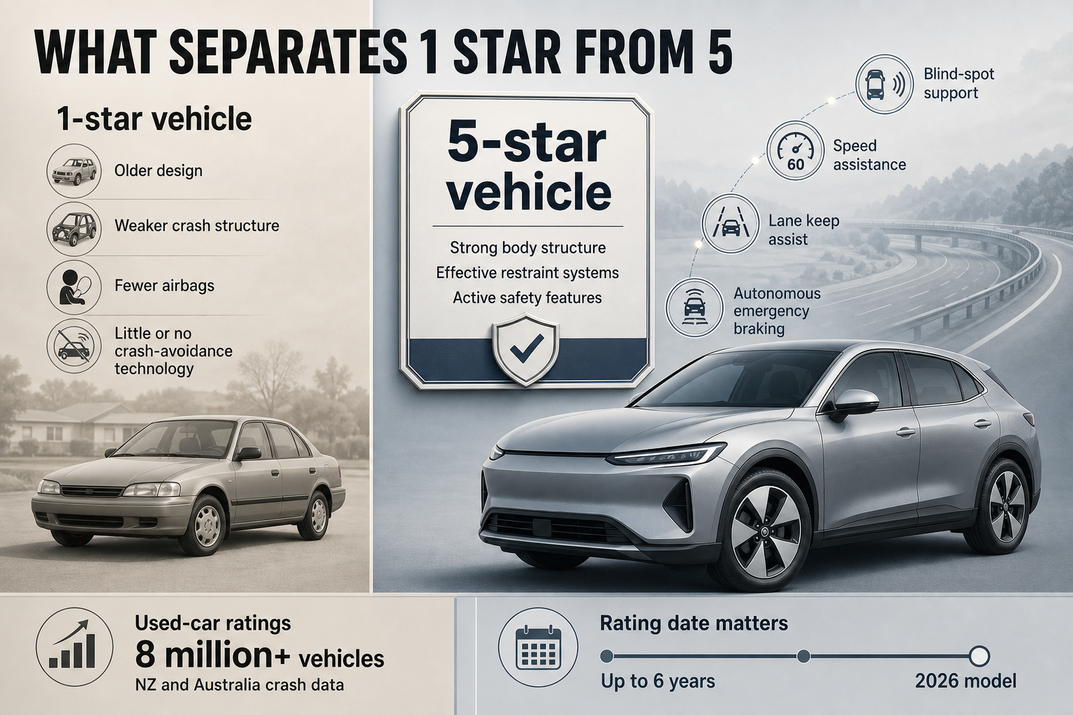 Split-view infographic with a low-star vehicle panel on one side and a high-star vehicle panel on the other, plus data and date callouts.