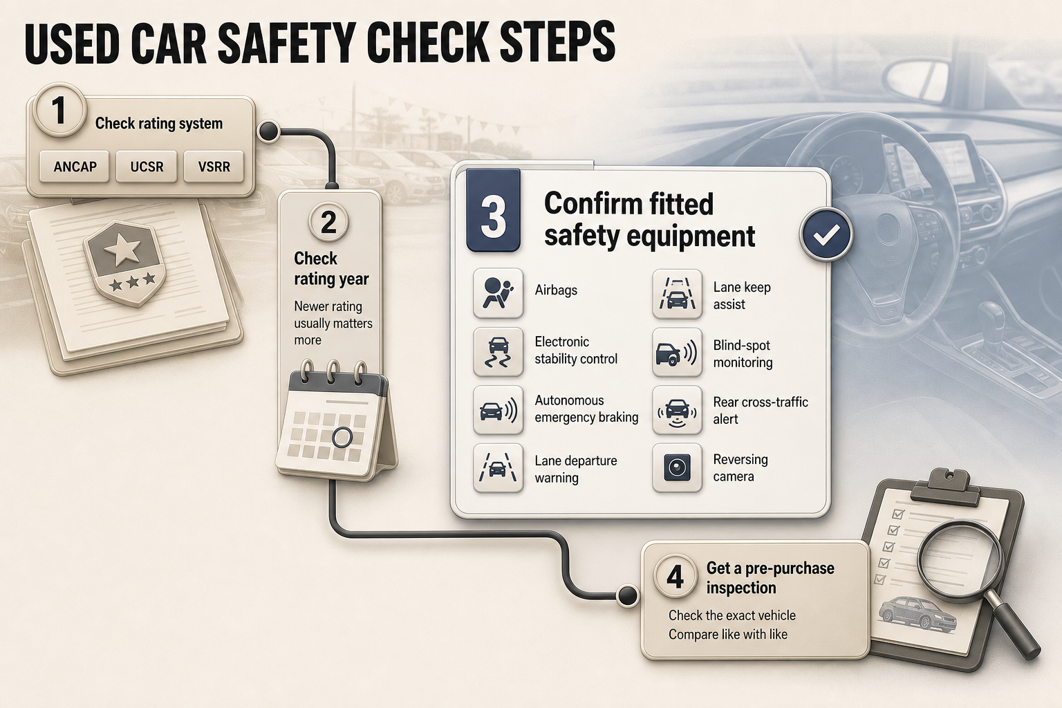 Four-step flowchart with numbered nodes for rating system, rating year, safety equipment and pre-purchase inspection checks.