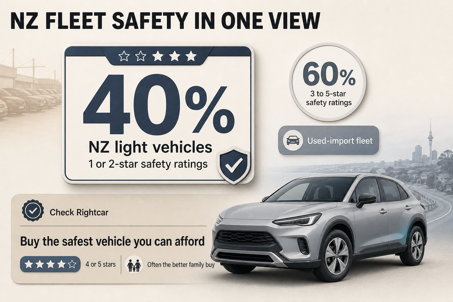 Badge-style infographic with a large 40 percent stat, star-rating labels, and supporting NZ used-fleet callouts on a clean editorial layout.