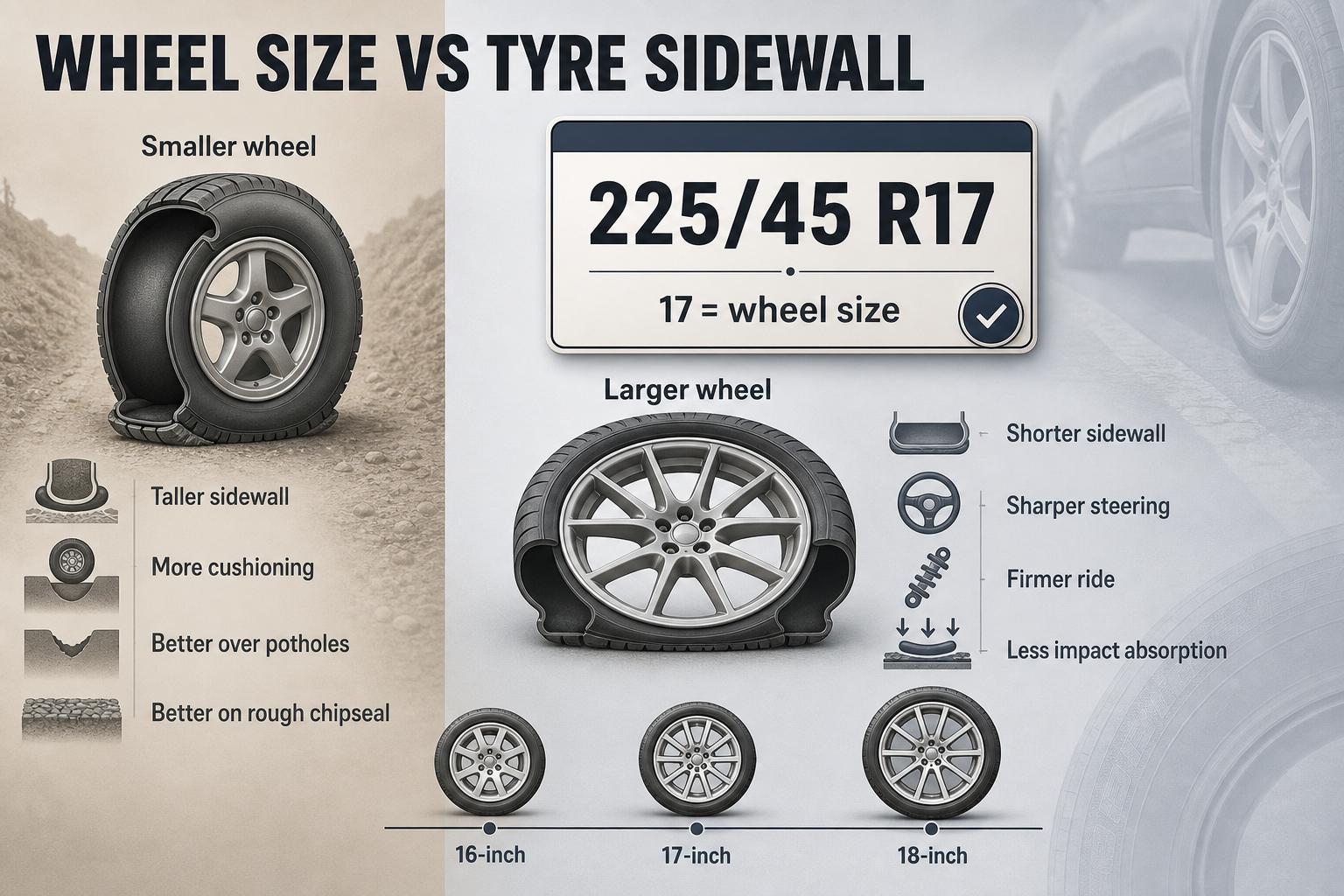 Wheel Size and Sidewall Trade-off Split-view graphic with a smaller wheel and taller tyre sidewall on one side, and a larger wheel with shorter sidewall on the other