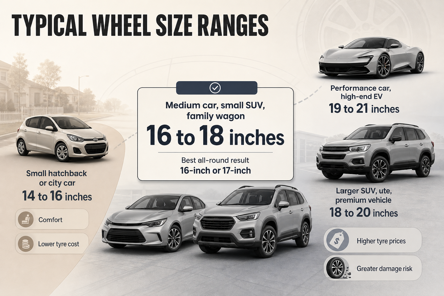 Common Wheel Sizes by Vehicle Four comparison columns showing vehicle types and their common wheel size ranges from 14 to 21 inches
