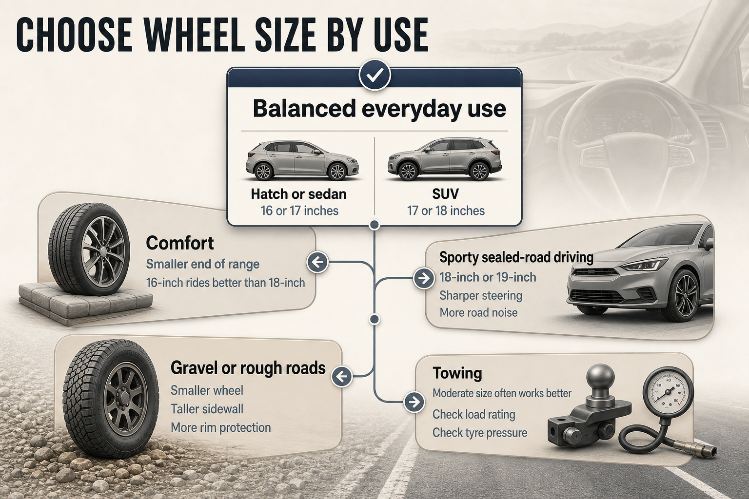 Wheel Size by Driving Use Flowchart infographic with five driving use cases linked to recommended wheel size choices and trade-offs