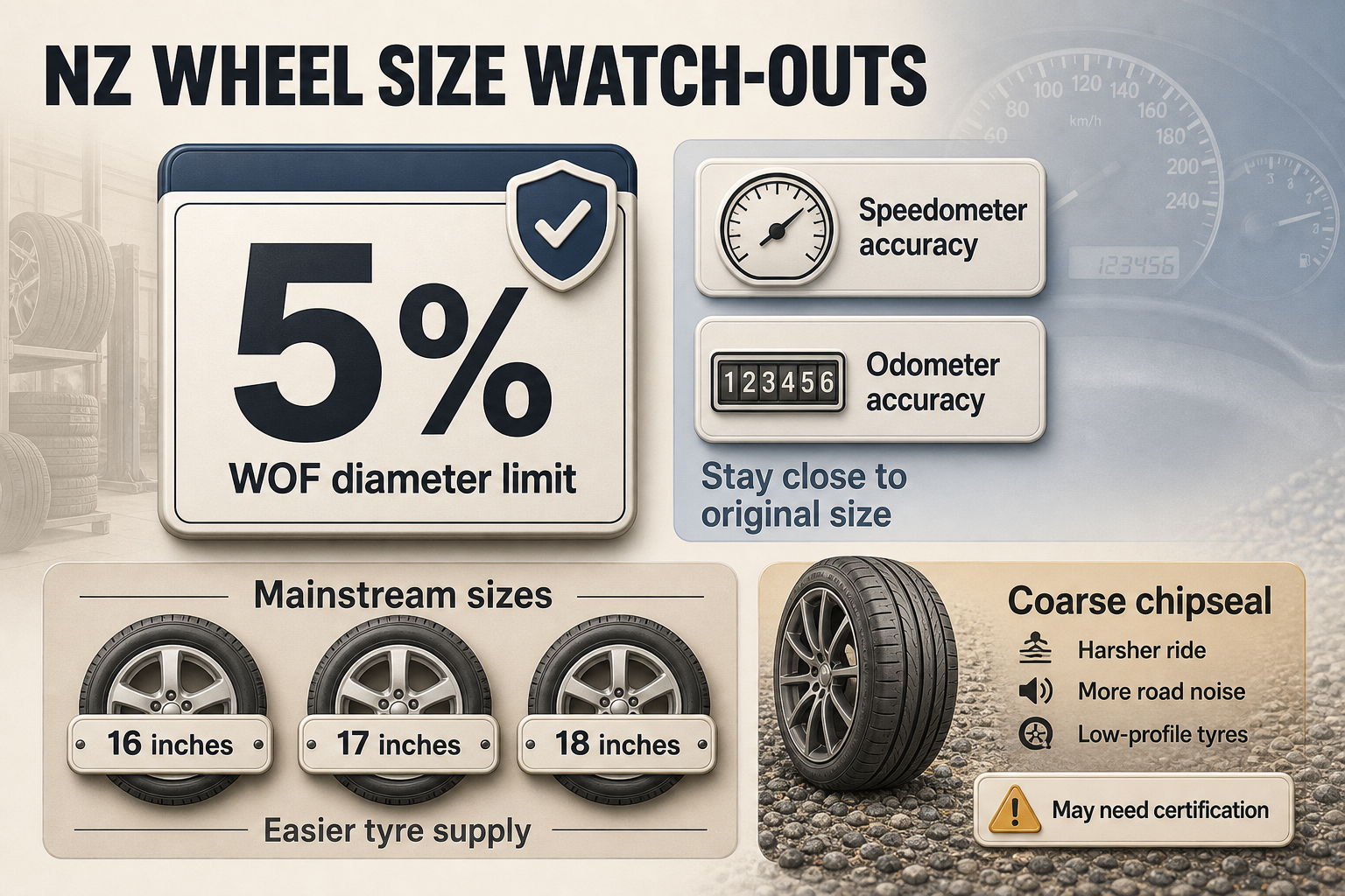 NZ Wheel Size Rules and Risks Badge-style infographic showing a 5 percent rule, mainstream wheel sizes, and icons for speedometer, tyre supply, and chipseal roads