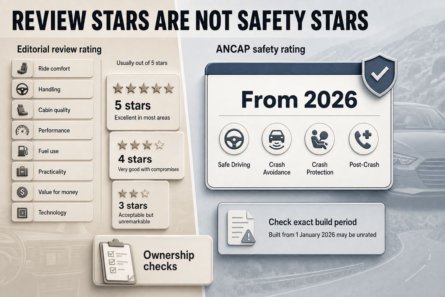 Review Rating vs Safety Rating Three-column infographic with star rating tiers, ANCAP safety pillars, and an ownership check panel using badges and labelled cards