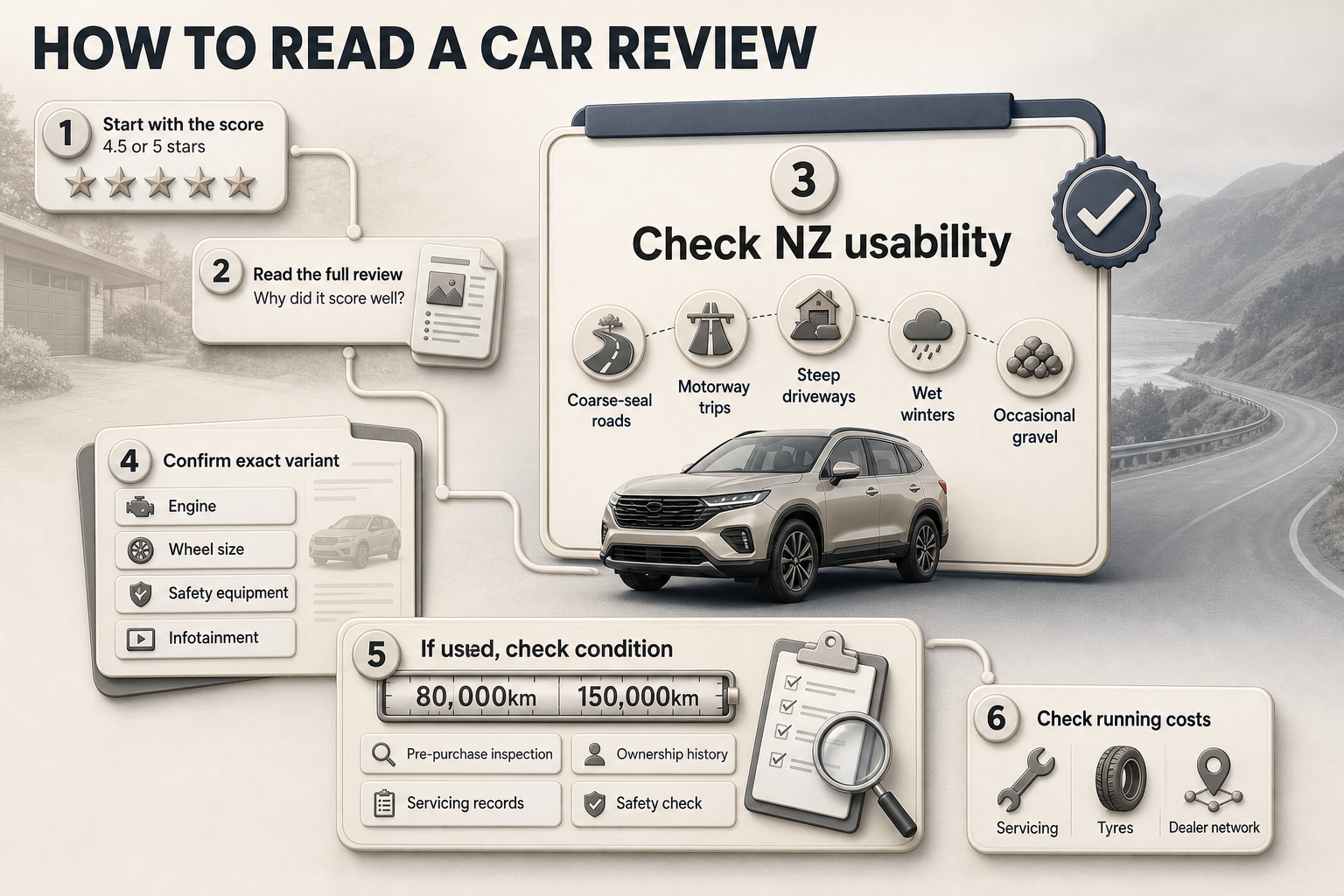 How To Read Review Scores Six-step horizontal flowchart with numbered cards covering score, full review, NZ usability, variant check, used condition, and costs