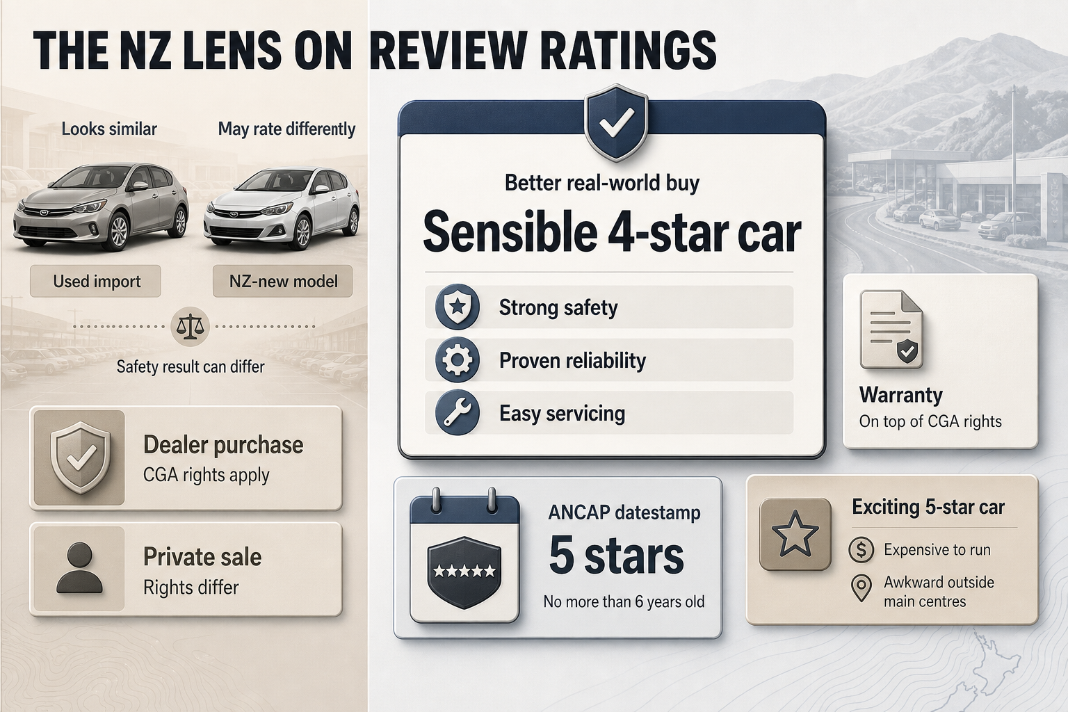NZ Context Changes The Score Split-view infographic comparing imported and NZ-new cars, dealer versus private sale rights, and a dated ANCAP badge panel