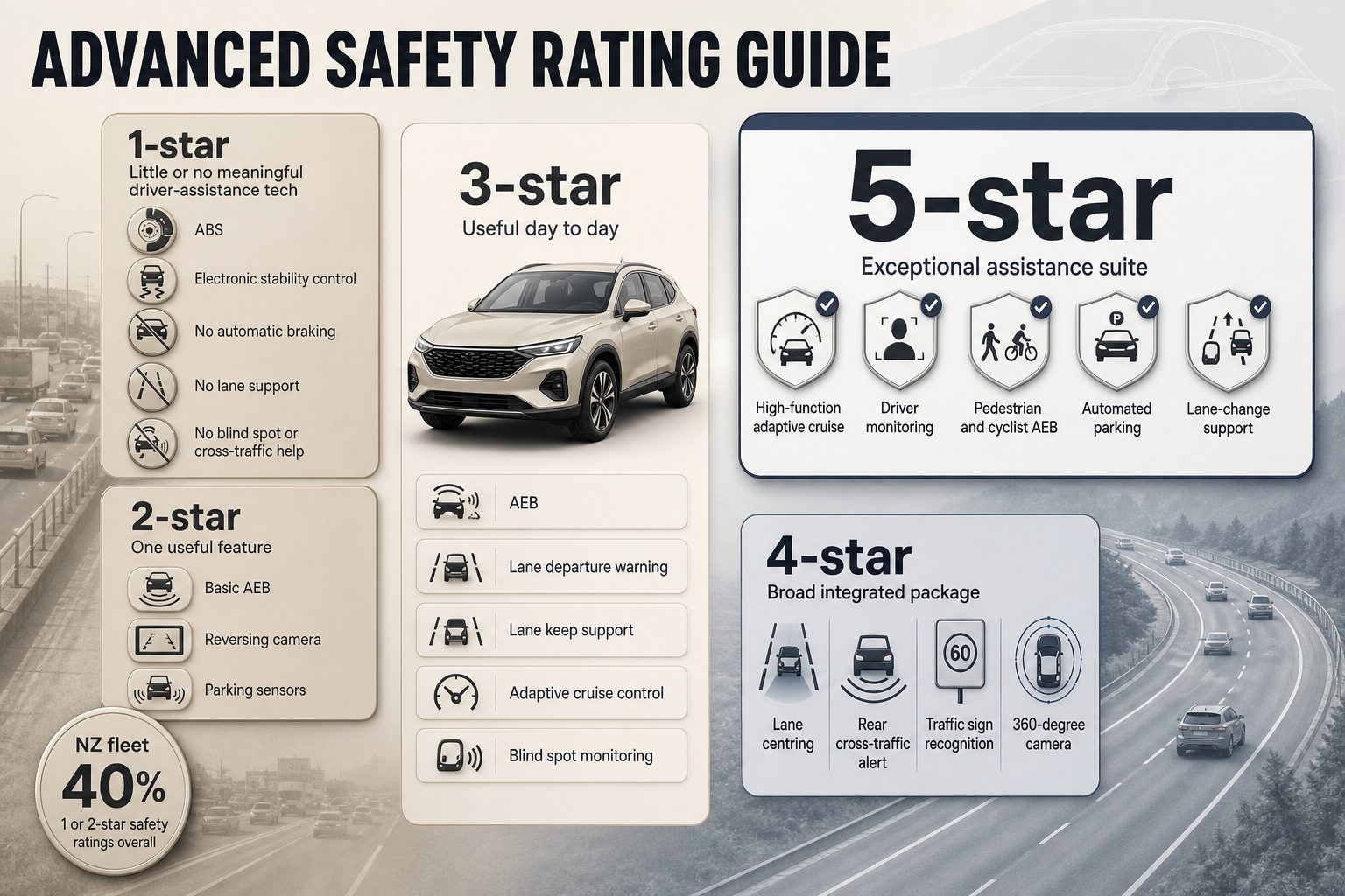 Advanced Safety Rating Guide Five-column infographic showing 1-star to 5-star advanced safety levels, feature lists under each rating, and a 40% NZ fleet stat badge
