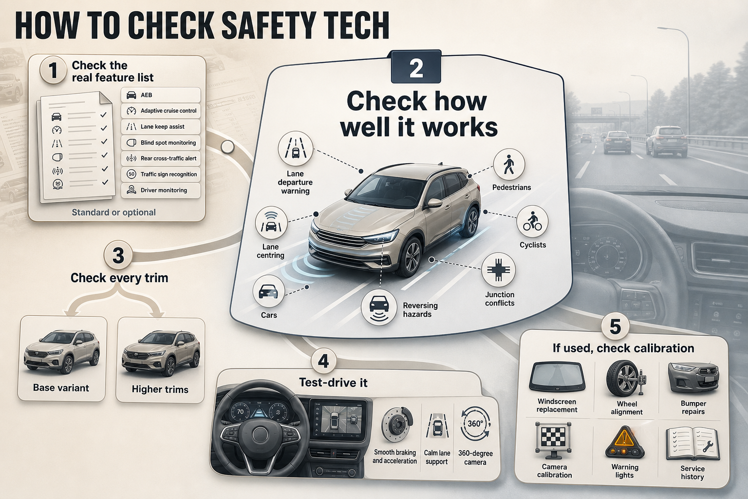 How To Check Safety Tech Five-step flowchart with numbered panels for checking safety features, trim coverage, test-drive behaviour, and used-car calibration items