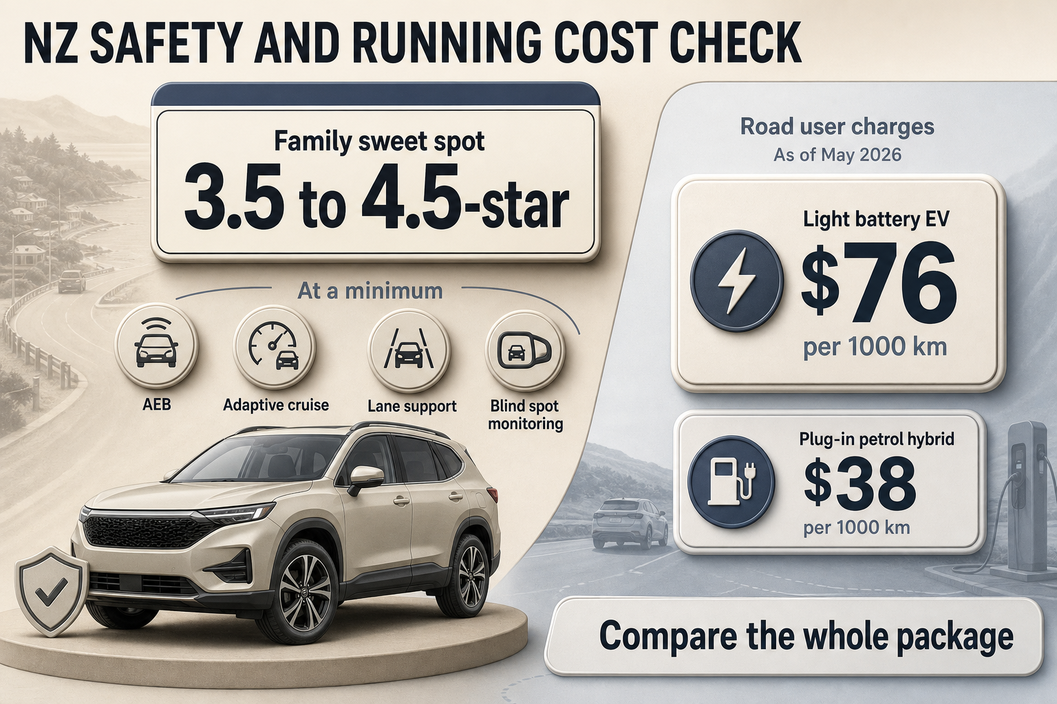 NZ Safety And Cost Check Infographic with a family safety sweet spot panel and two running-cost blocks comparing EV and plug-in hybrid road user charges in NZ