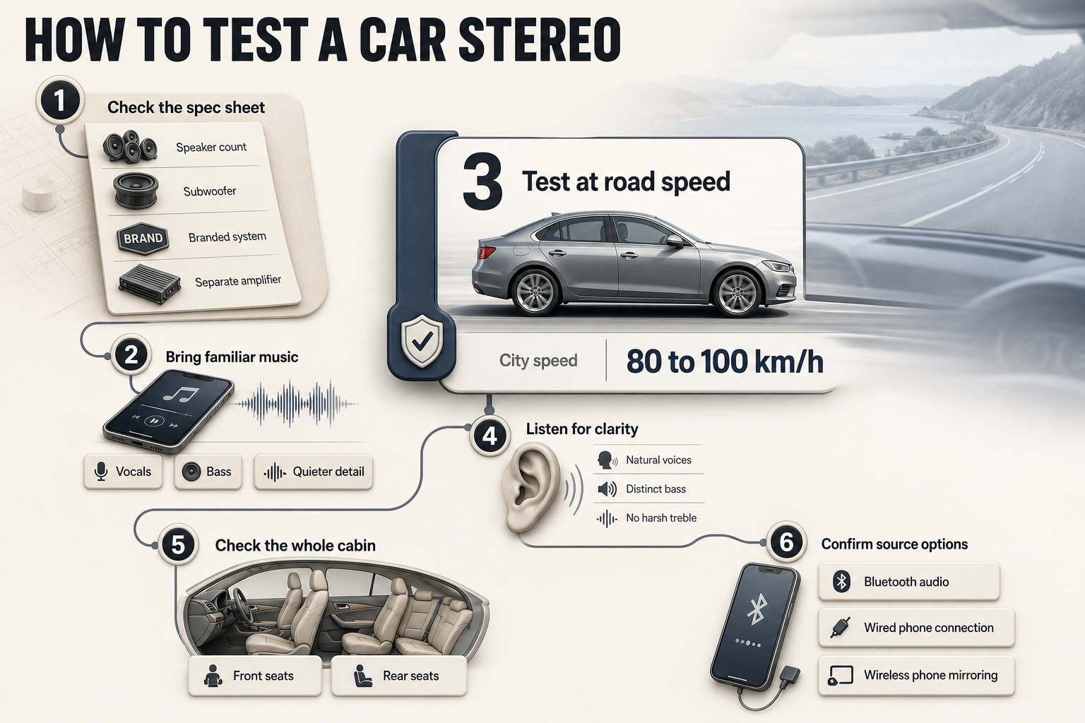 How to Test Car Audio Six-step horizontal flowchart with icons for spec checks, music choice, road-speed testing, clarity checks, cabin listening and source options
