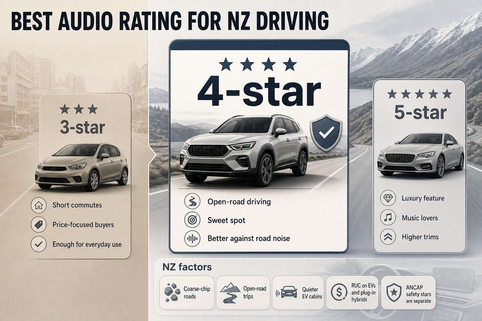 Best Audio Rating for NZ Split-view infographic with three rating tiers for NZ drivers, plus side notes for road noise, EV quietness, RUC and separate ANCAP safety stars