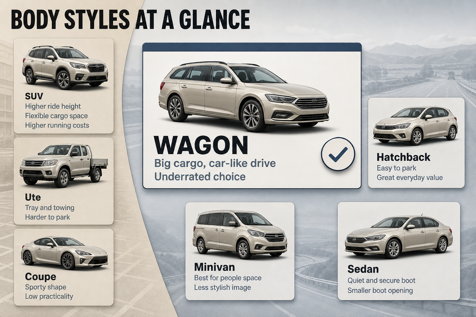 Body style comparison guide Comparison grid with seven vehicle body style cards, each showing a car silhouette and short pros and cons in separate columns