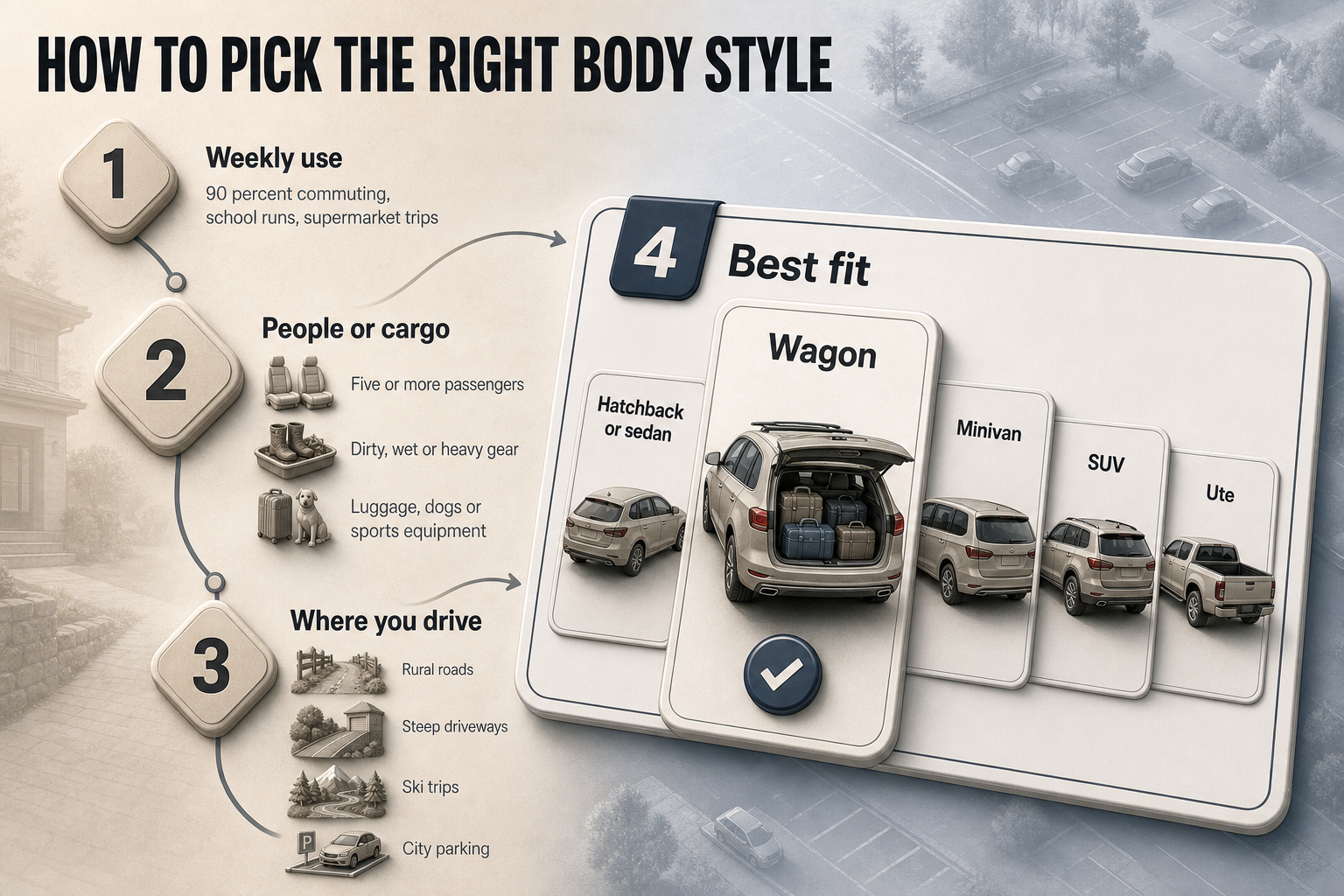 Choosing the right body style Four-step flowchart with numbered nodes linking weekly use, passenger and cargo needs, driving conditions and matching body styles