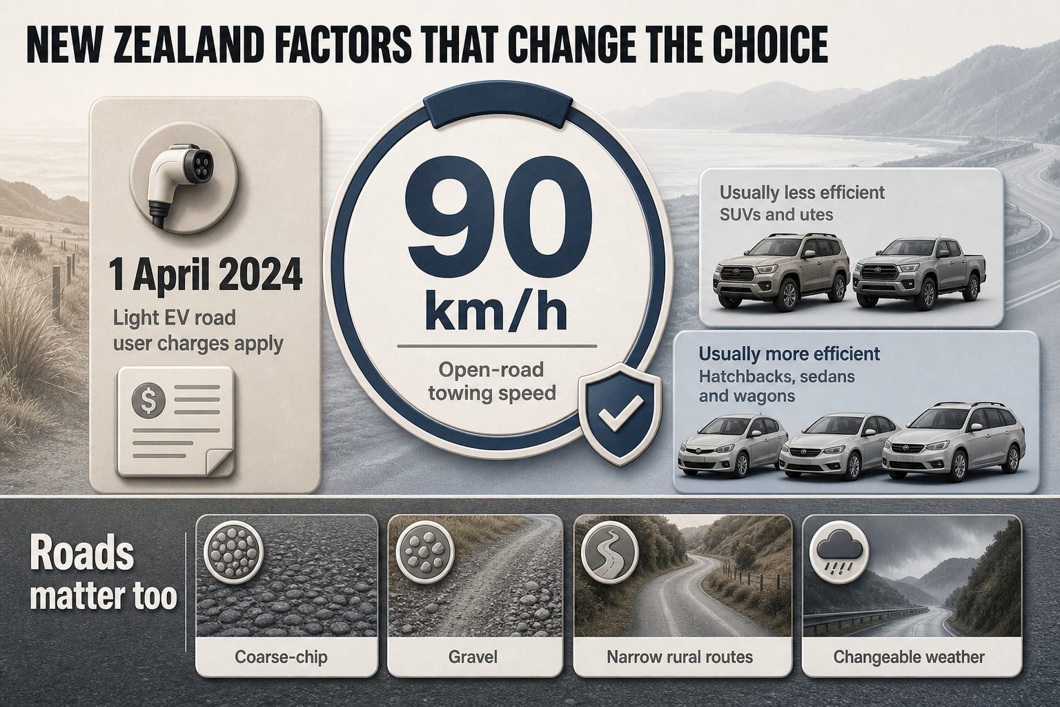 NZ body style realities Badge-style infographic with large speed and date callouts, plus efficiency labels for body styles and small road condition icons