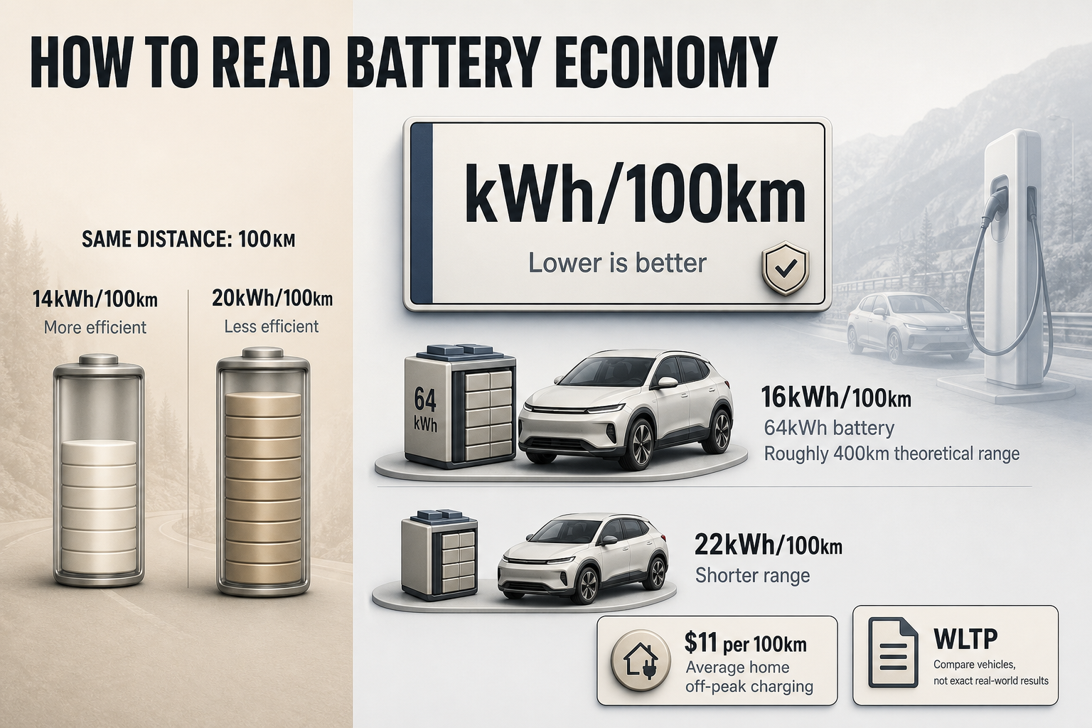 How battery economy works Two-column infographic with efficiency examples, a range estimate card, and a charging cost badge using kWh per 100km labels