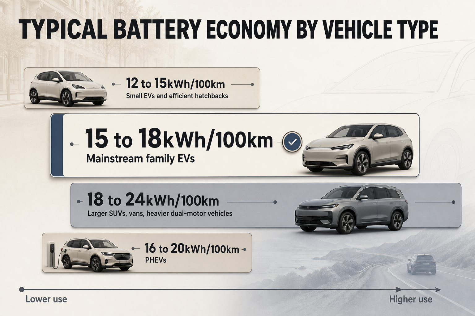 Typical EV economy ranges Horizontal range bars comparing battery economy bands for small EVs, family EVs, larger SUVs and vans, and PHEVs