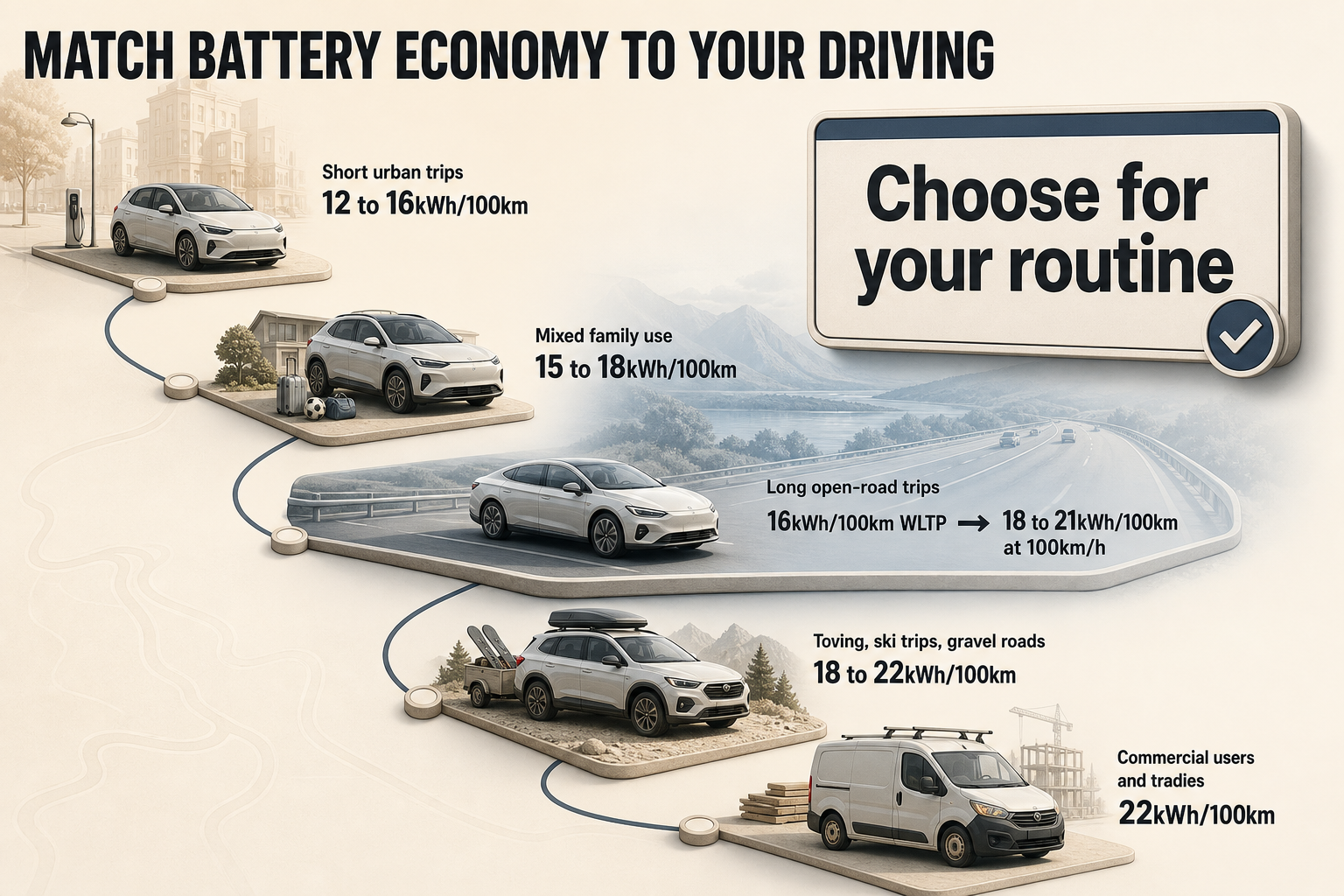 Battery economy by use case Step-by-step flow infographic showing driving scenarios with matching battery economy targets and a motorway use increase example