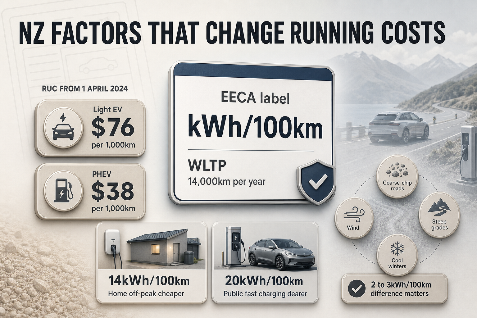 NZ EV cost factors Badge-style infographic with NZ EV label details, RUC amounts, yearly distance, and local factors like hills, wind, and road surface