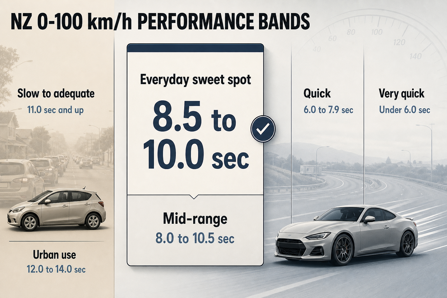 NZ Acceleration Performance Bands Four vertical comparison columns show 0-100 km/h bands from under 6.0 seconds to 11.0 seconds and up, with an everyday sweet spot highlighted.