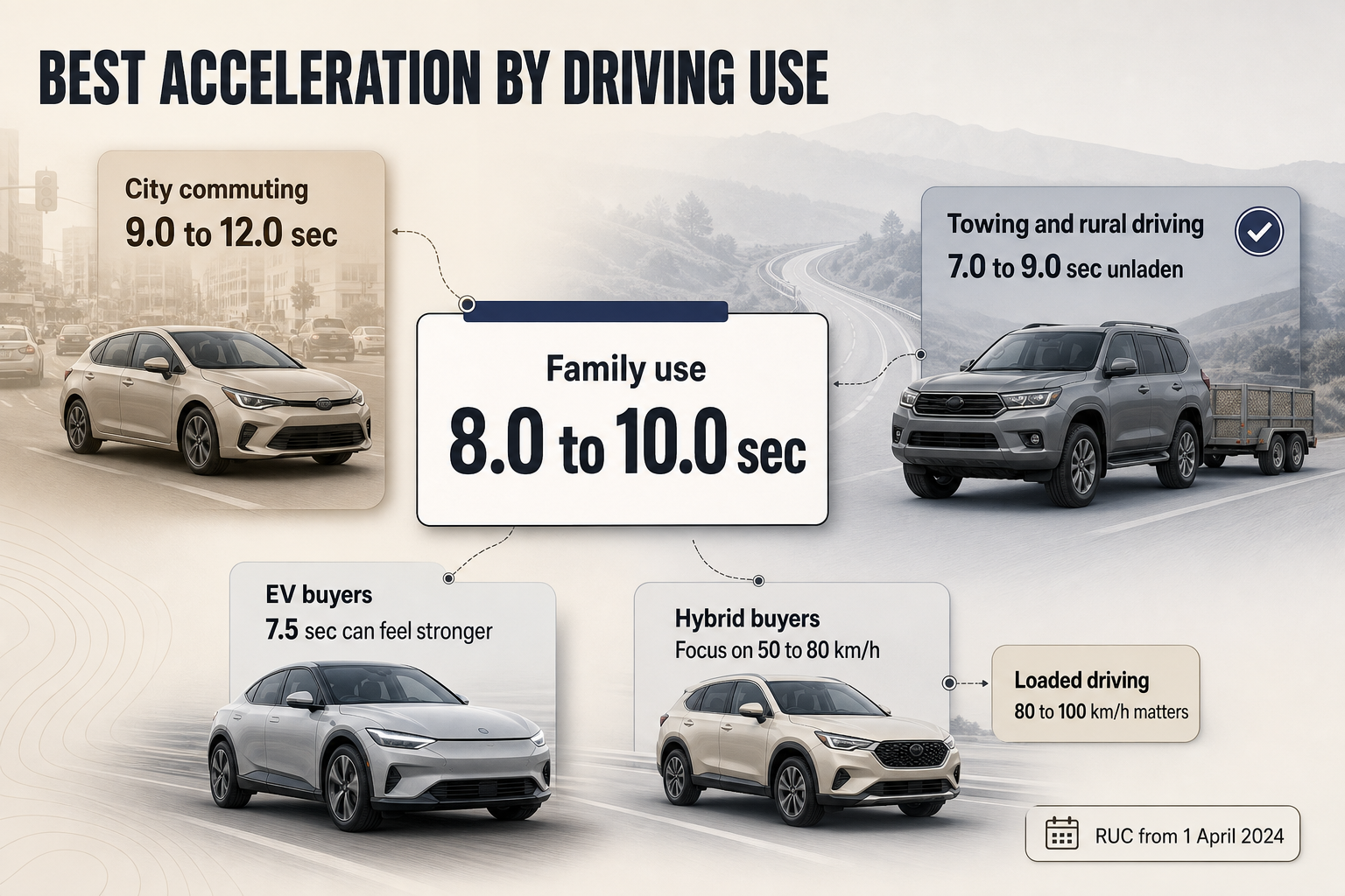 Acceleration by Driving Use A grid of five labelled cards shows recommended 0-100 km/h ranges for city, family, towing, EV, and hybrid driving scenarios in New Zealand.