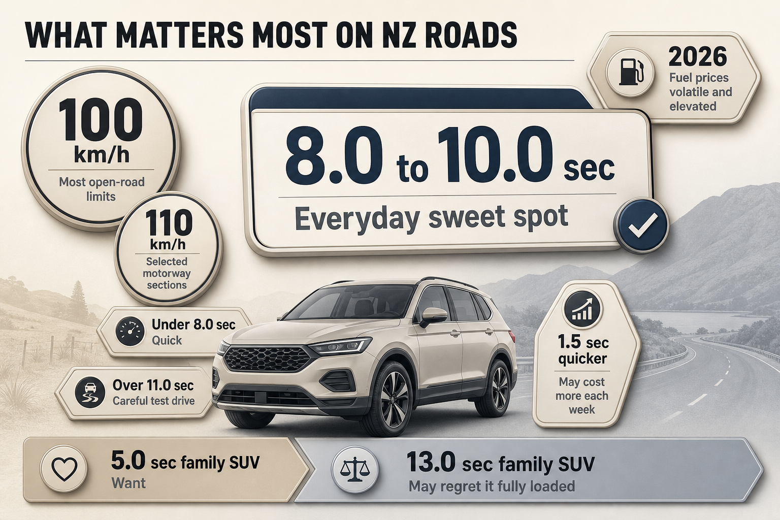 NZ Roads and Acceleration A set of large stat badges highlights NZ speed limits, acceleration thresholds, and fuel cost notes, with the 8.0 to 10.0 second band emphasised.