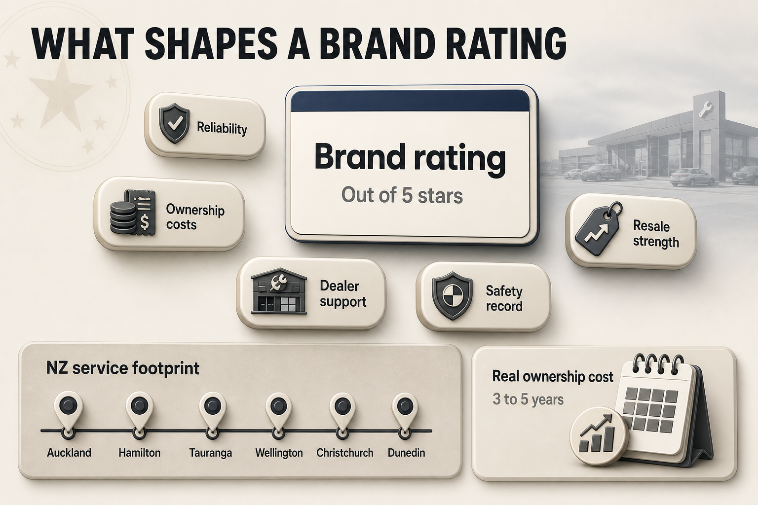 What Shapes A Brand Rating Editorial badge grid showing five brand rating factors with a New Zealand service network row and a resale timeline card