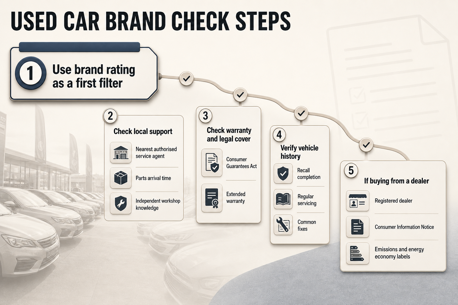 Used Car Brand Check Steps Five-step horizontal flowchart with numbered cards covering brand filter, local support, warranty, recall history and dealer checks
