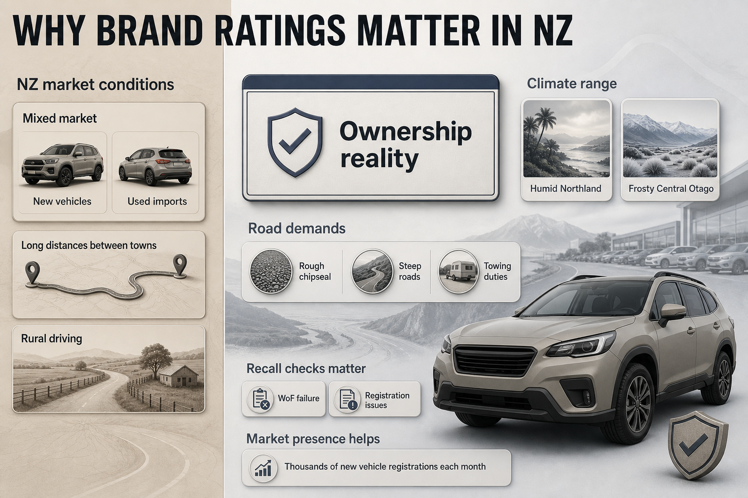 Why Brand Ratings Matter In NZ Two-column New Zealand market infographic with climate, road, support and recall panels plus a market presence callout