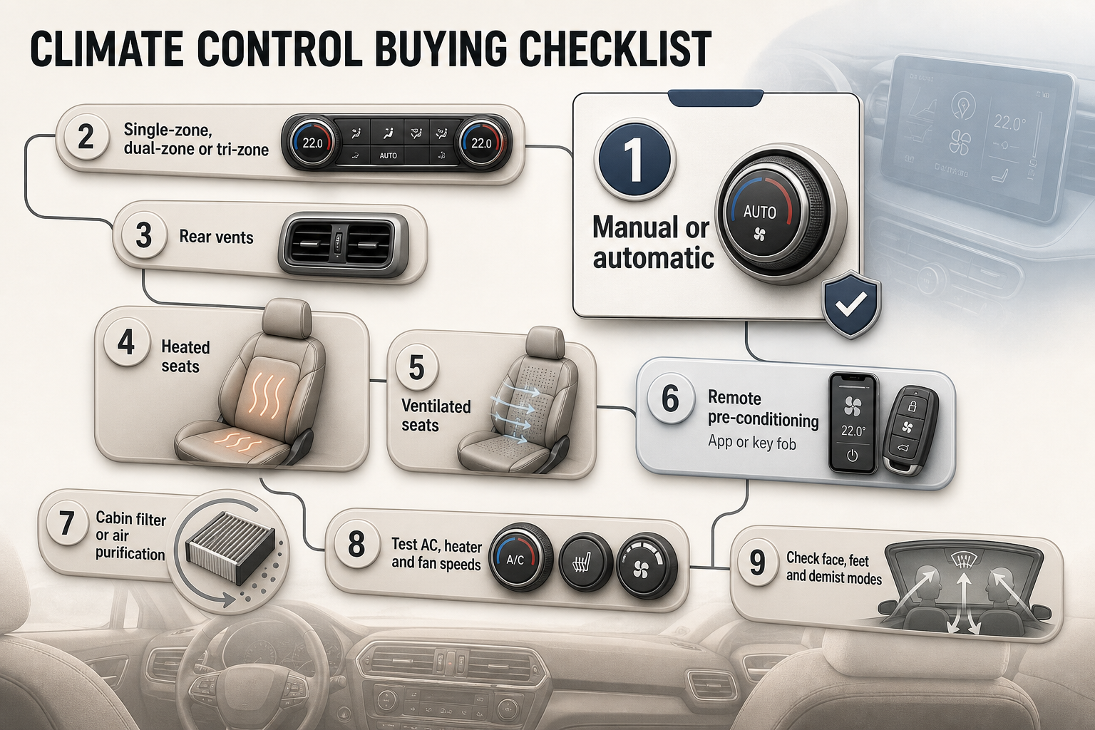 What To Check Before Buying Linear checklist infographic with numbered steps covering automatic climate control, zones, rear vents, heated seats, EV pre-conditioning and system testing