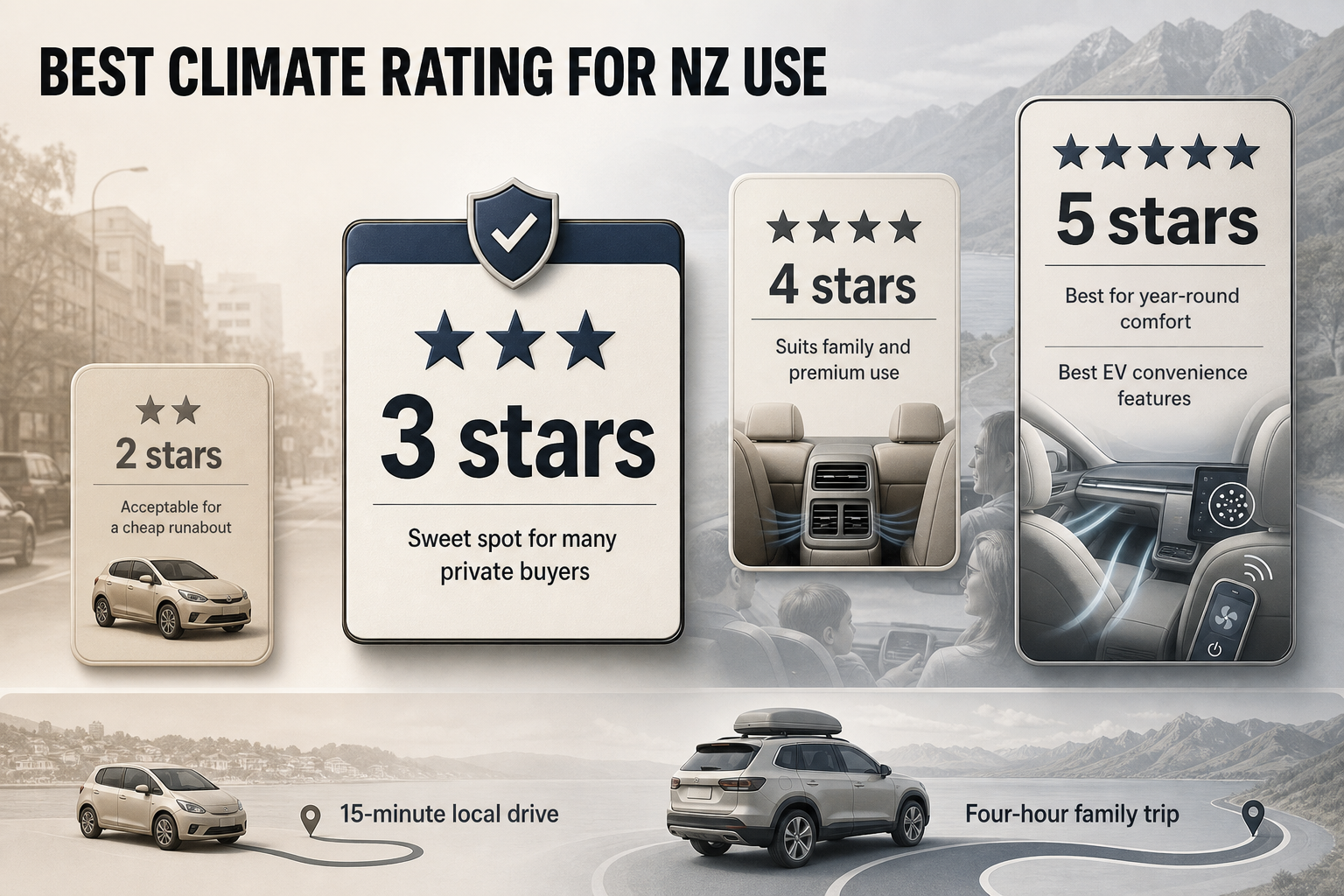 Which Star Rating Suits NZ Badge-style infographic with four star-rating panels from 2 stars to 5 stars plus small trip markers for local drives and family road trips