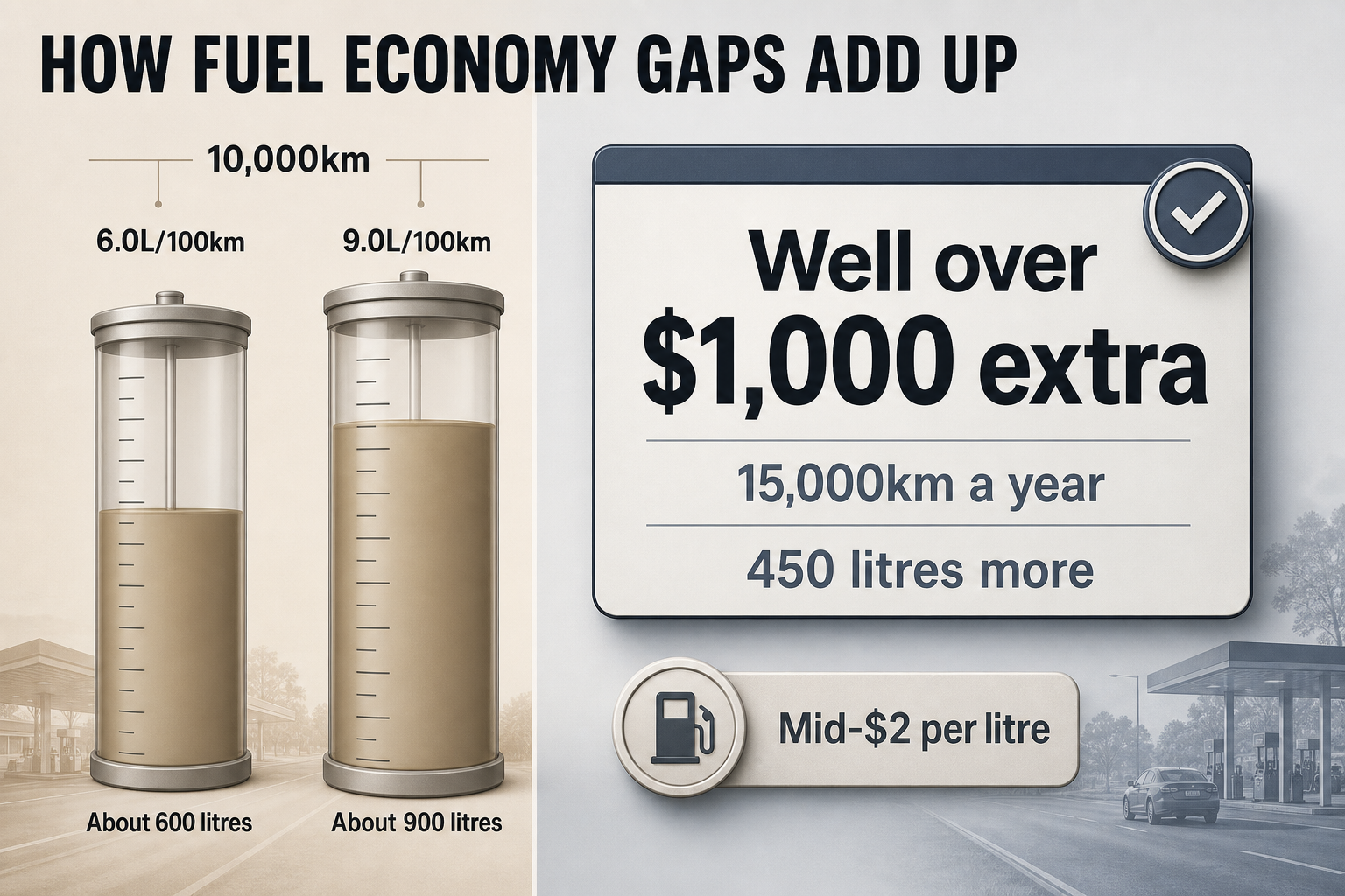Fuel economy cost gap Two-column infographic with fuel economy figures, litre totals over 10,000km, and a yearly cost gap callout for 15,000km driving.