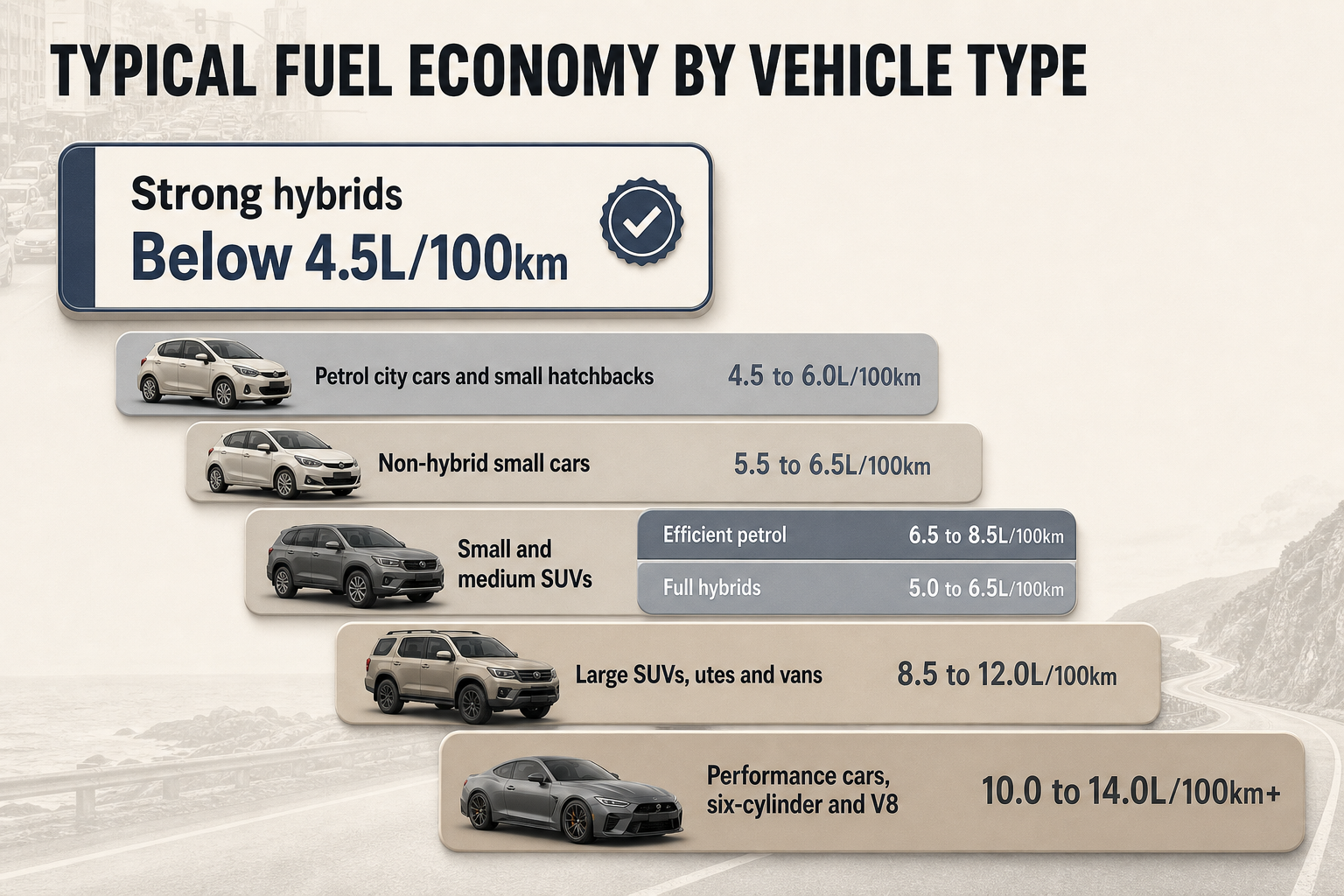 Typical fuel economy ranges Horizontal range chart showing fuel economy bands for hybrids, small cars, SUVs, utes, vans, and performance vehicles.