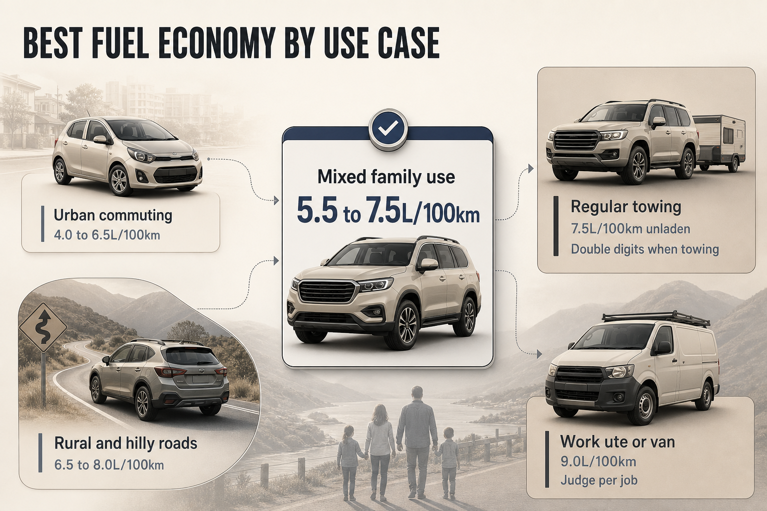 Fuel economy by use case Set of use-case cards with icons and fuel economy target ranges for commuting, family driving, rural roads, towing, and work vehicles.