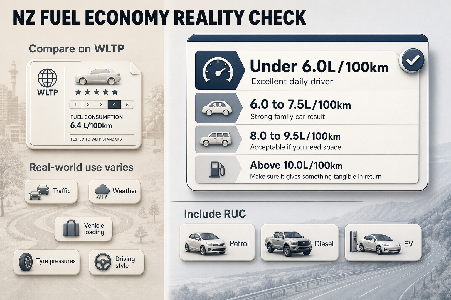 NZ fuel economy checks Split-view infographic with WLTP comparison notes on one side and NZ running-cost checks plus fuel economy bands on the other.