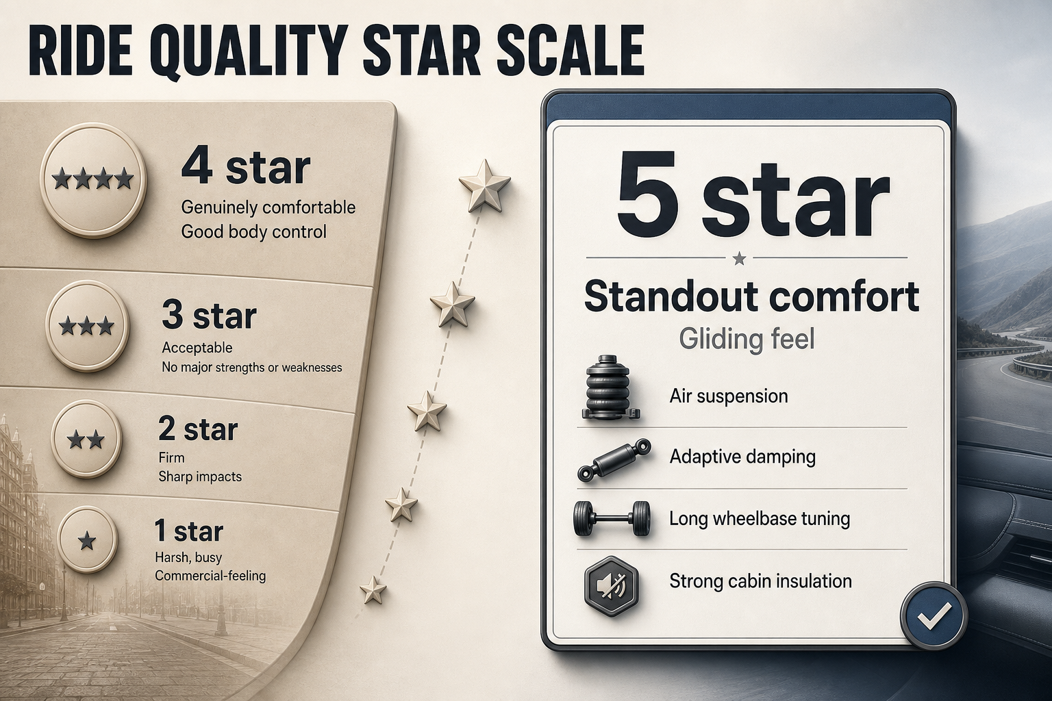 Ride Quality Star Scale Five vertical rating badges from 1 star to 5 star with short comfort labels and small feature callouts on a warm editorial background