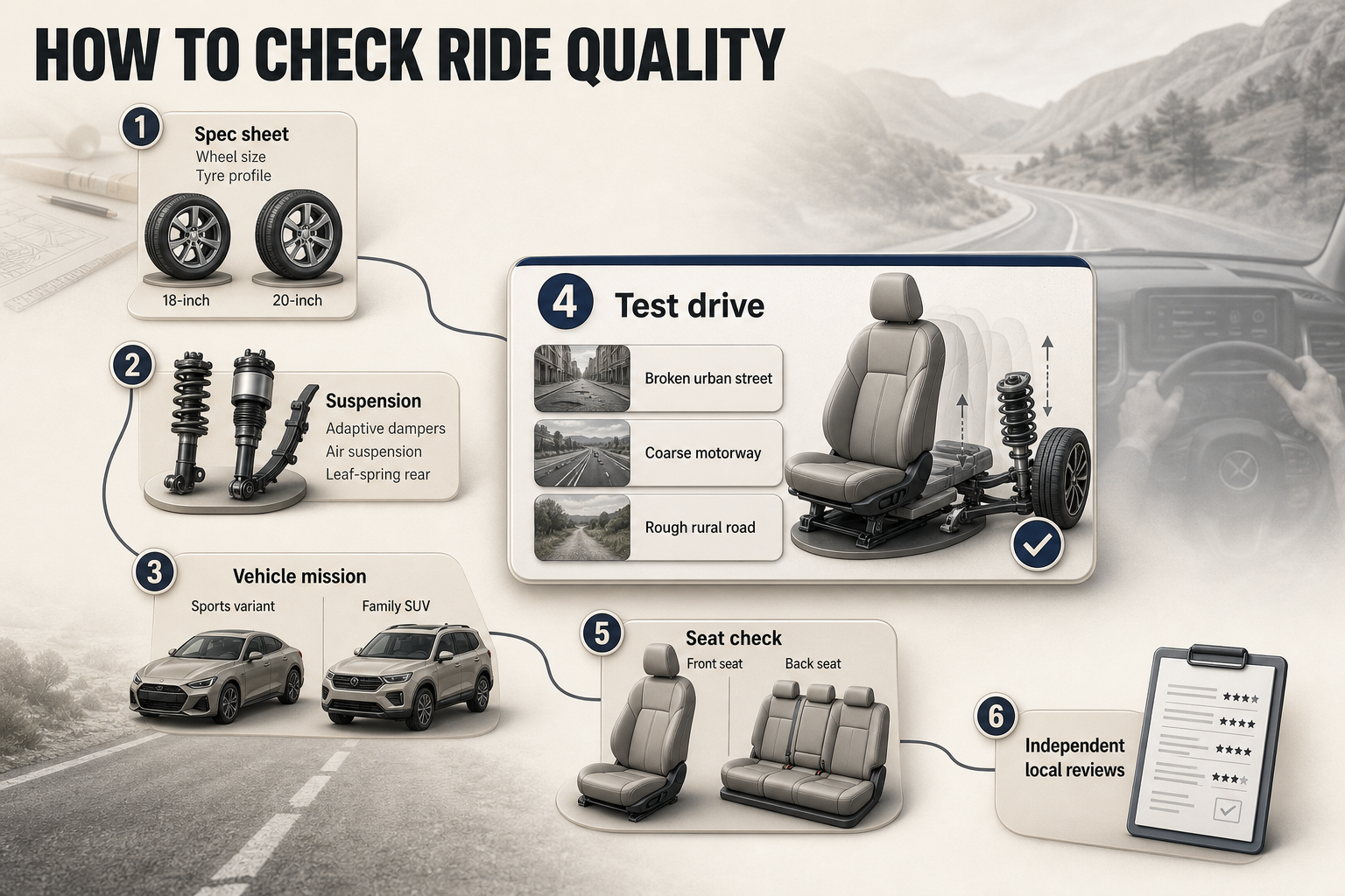 How To Check Ride Quality Six-step horizontal flowchart with numbered cards covering spec sheet checks, suspension, test drive roads, seat comfort and reviews