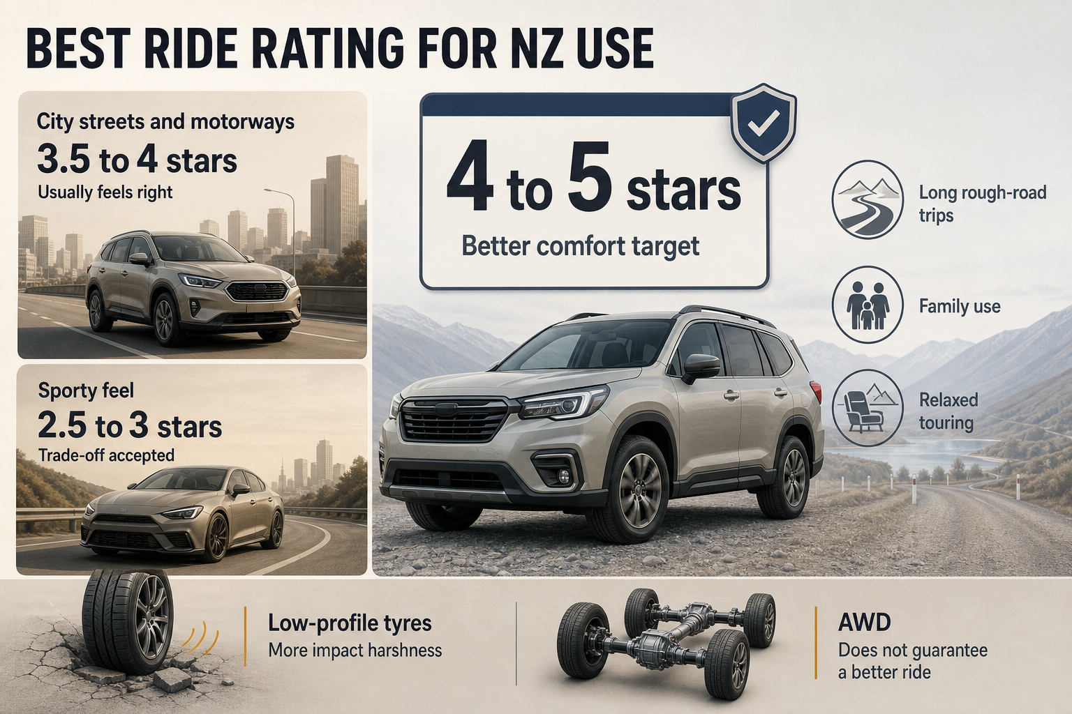 Best Ride Rating For NZ Use Three comparison columns showing city driving, rough-road touring and sporty driving with star ranges and short notes beneath each