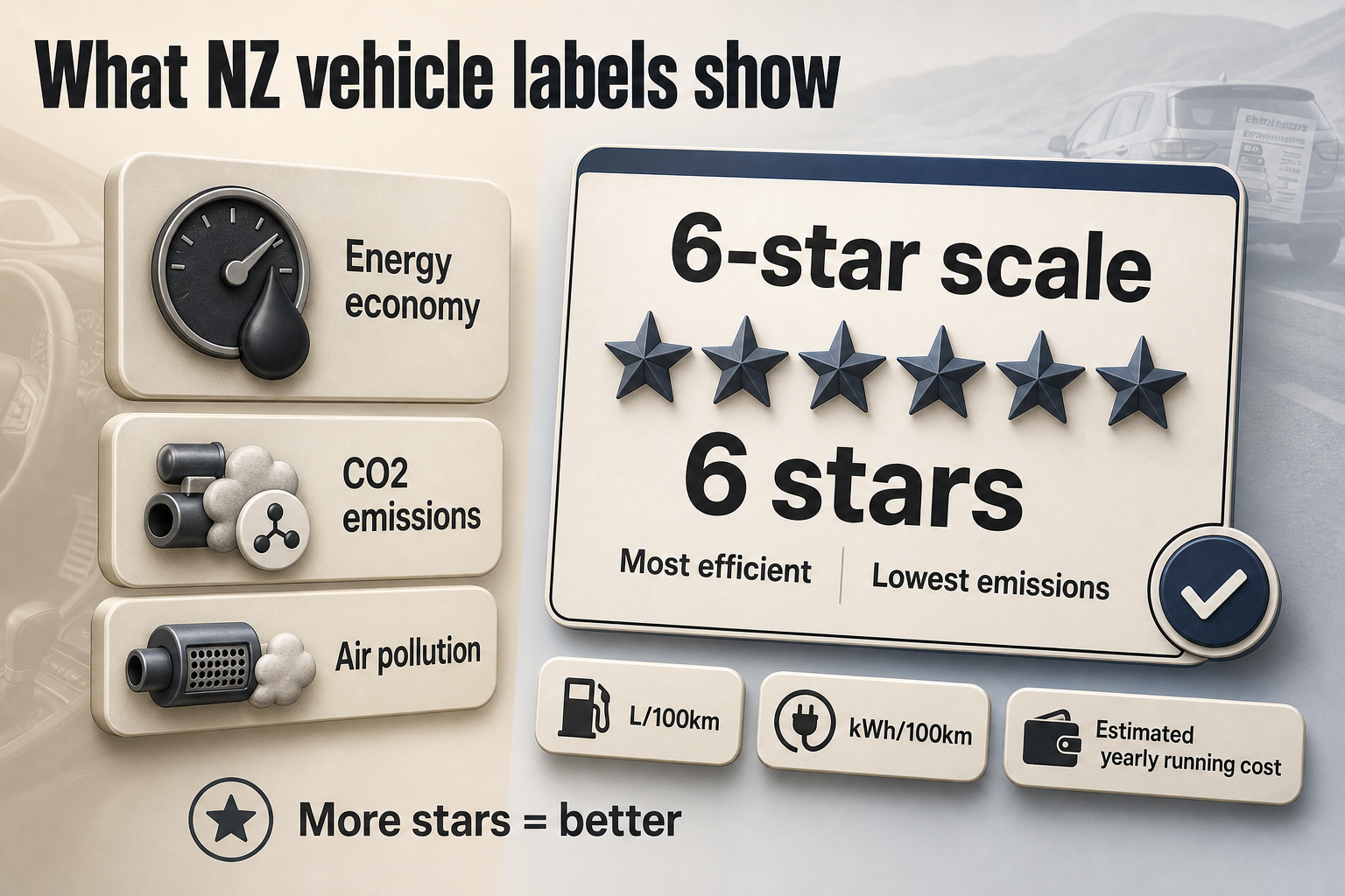 What NZ vehicle labels show Editorial infographic with star badges, three labelled rating pillars, and small metric chips for L/100km, kWh/100km, and yearly running cost