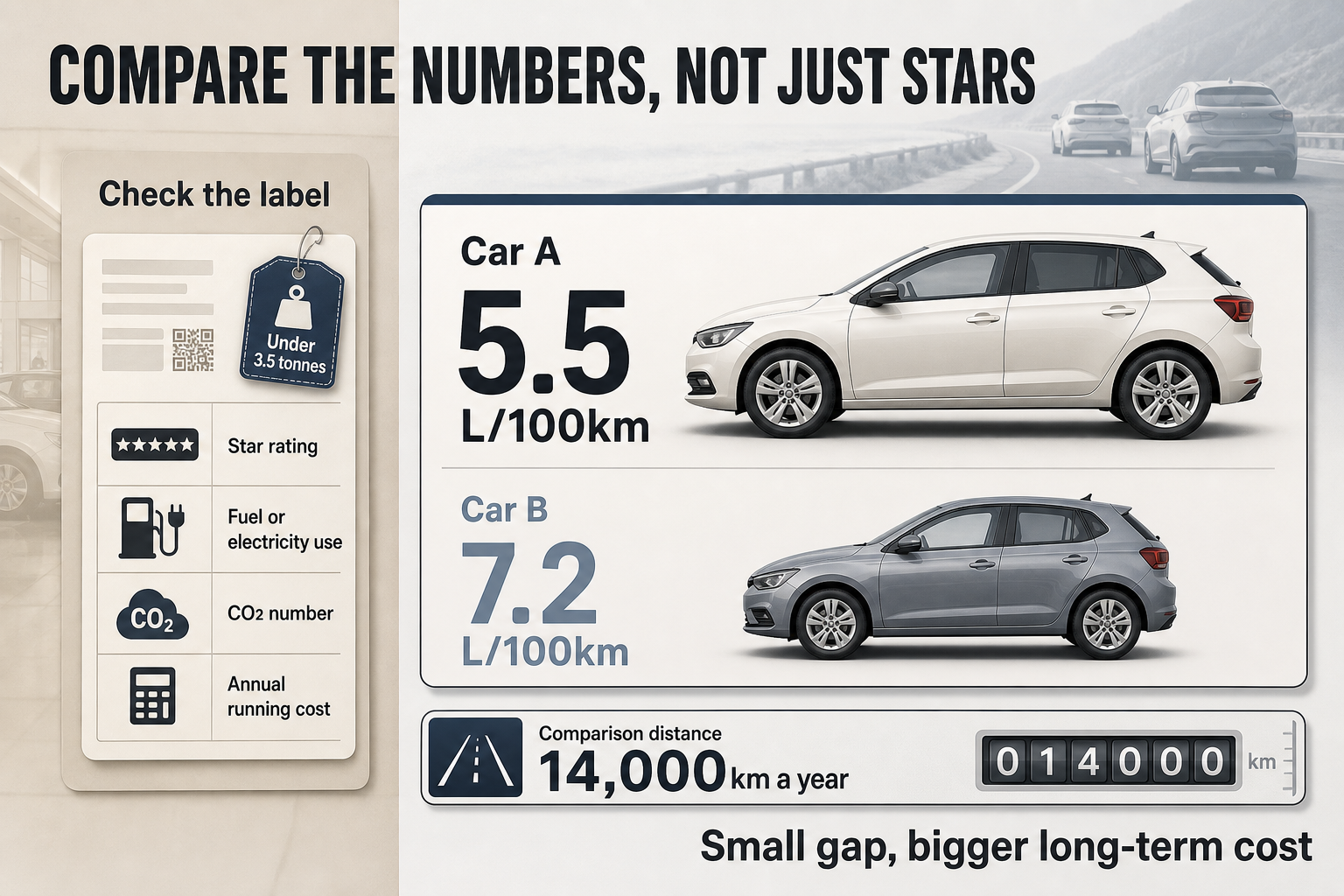 Compare the numbers, not stars Two-column car comparison with label items on top and side-by-side fuel figures of 5.5L/100km and 7.2L/100km above a 14,000km marker