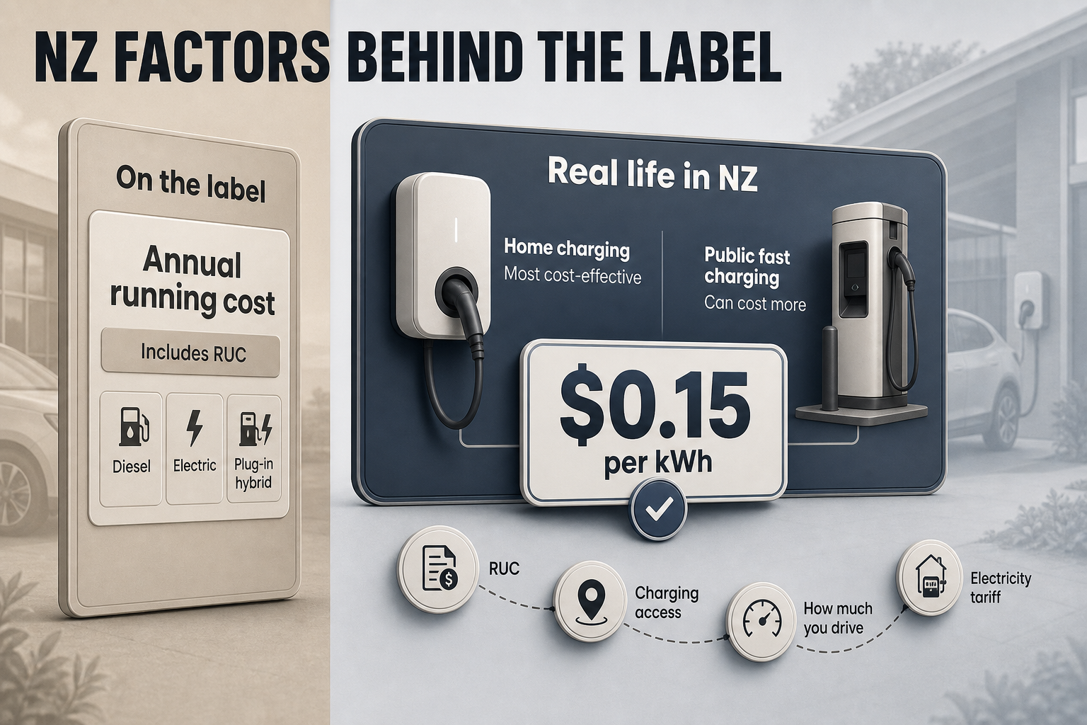 NZ factors behind the label Split-view infographic with a vehicle label panel on one side and NZ driving factors on the other, including RUC and charging cost callouts